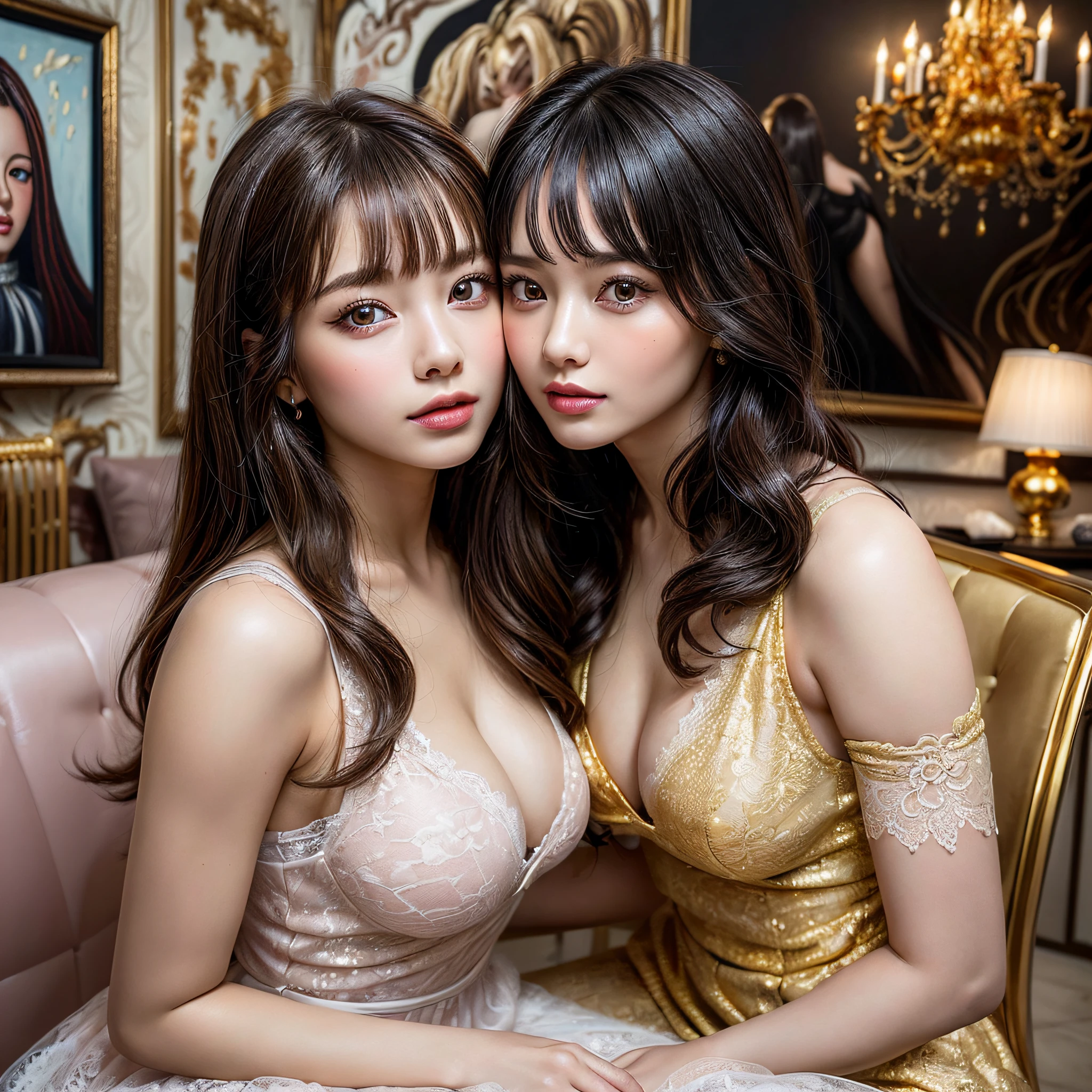 (2girls:1.3), princess, long hair, passionate, (extremely detailed beautiful face), (Beautiful girl in a princess dress:1.5), (lace dress:1.4), Amazing face and eyes, (The sexiest look), (Best Quality:1.4), (hyper quality), (Ultra-detailed), (extremely detailed CG unified 8k wallpaper), Highly detailed, RAW Photos, Professional Photography, sitting, (A luxurious living room with paintings of girls sex on the walls:1.6), (golden chairs, golden ornaments, dazzling brilliance:1.2), luxurious, gorgeous, secret, sexy shot, Magnificent, great, transcendental scale, Feeling of freedom, exposing, famous sexy movie scenes,