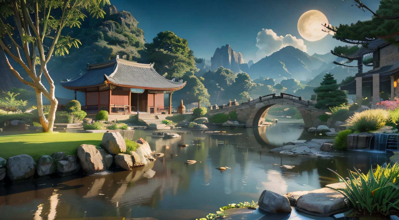 9:16 Full picture, ancient Chinese architecture, hazy moon, night, garden, bamboo, lake, stone bridge, rockery, arch, corner, rockery, tree, running water, landscape, outdoor, waterfall, grass, rock, water lily, hot spring , Water Vapor, (Illustration: 1.0), Epic Composition, Detail Enhancement, Detail Enhancement. Realistic lighting, HD details, masterpiece, best quality, (very detailed CG unity 8k wallpaper), (best quality)