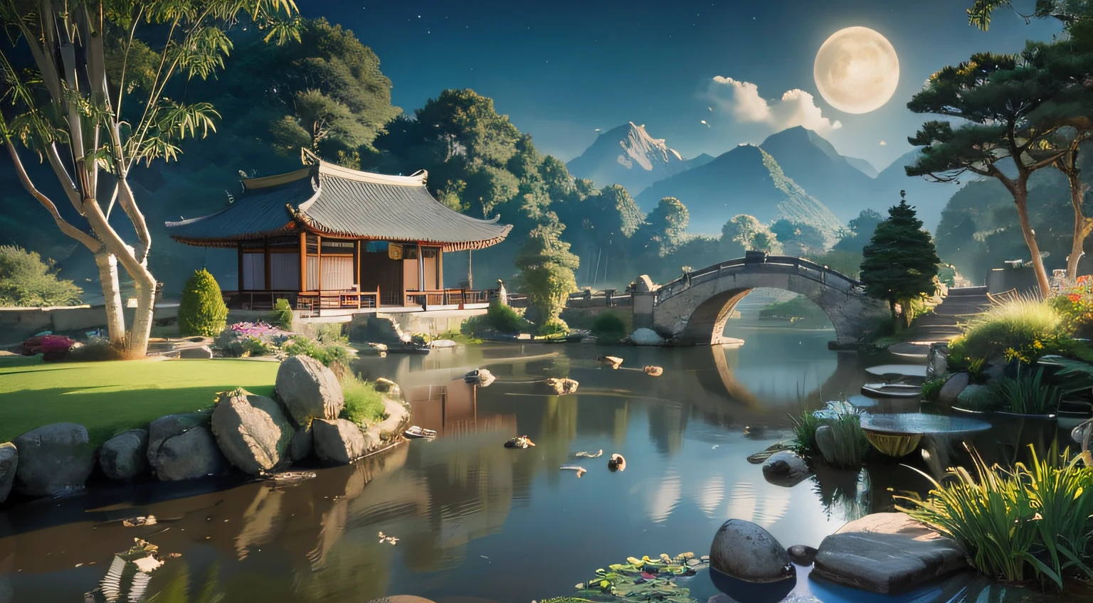 9:16 Full picture, ancient Chinese architecture, hazy moon, night, garden, bamboo, lake, stone bridge, rockery, arch, corner, rockery, tree, running water, landscape, outdoor, waterfall, grass, rock, water lily, hot spring , Water Vapor, (Illustration: 1.0), Epic Composition, Detail Enhancement, Detail Enhancement. Realistic lighting, HD details, masterpiece, best quality, (very detailed CG unity 8k wallpaper), (best quality)