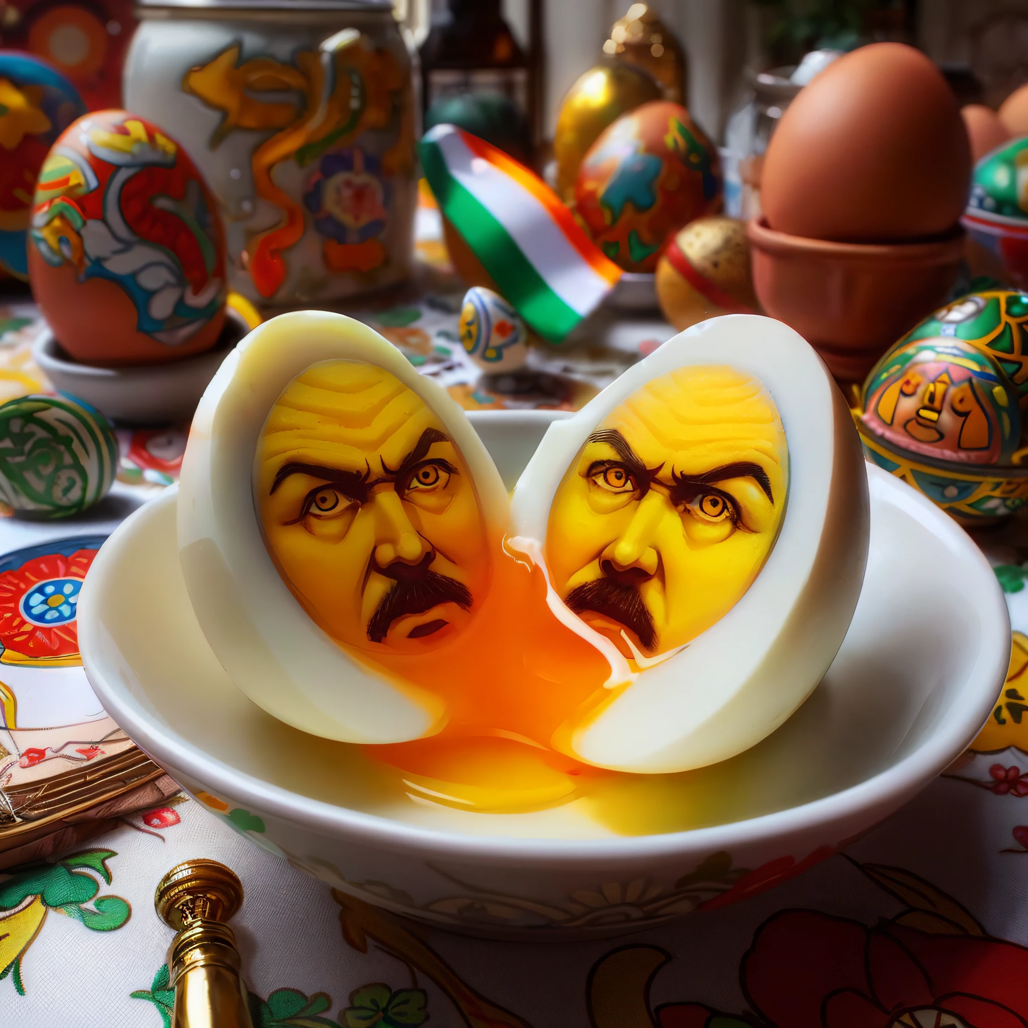 An egg with a face painted on it is placed in a bowl, Nicolas Cage's face on an egg, humpty dumpty in form of egg, maxim sukharev, eggs, Chris Evans peeks out of an egg, Chris Evans hatches from an egg, Ivan, Sergey Krasovsky, inspired by Balázs Diószegi