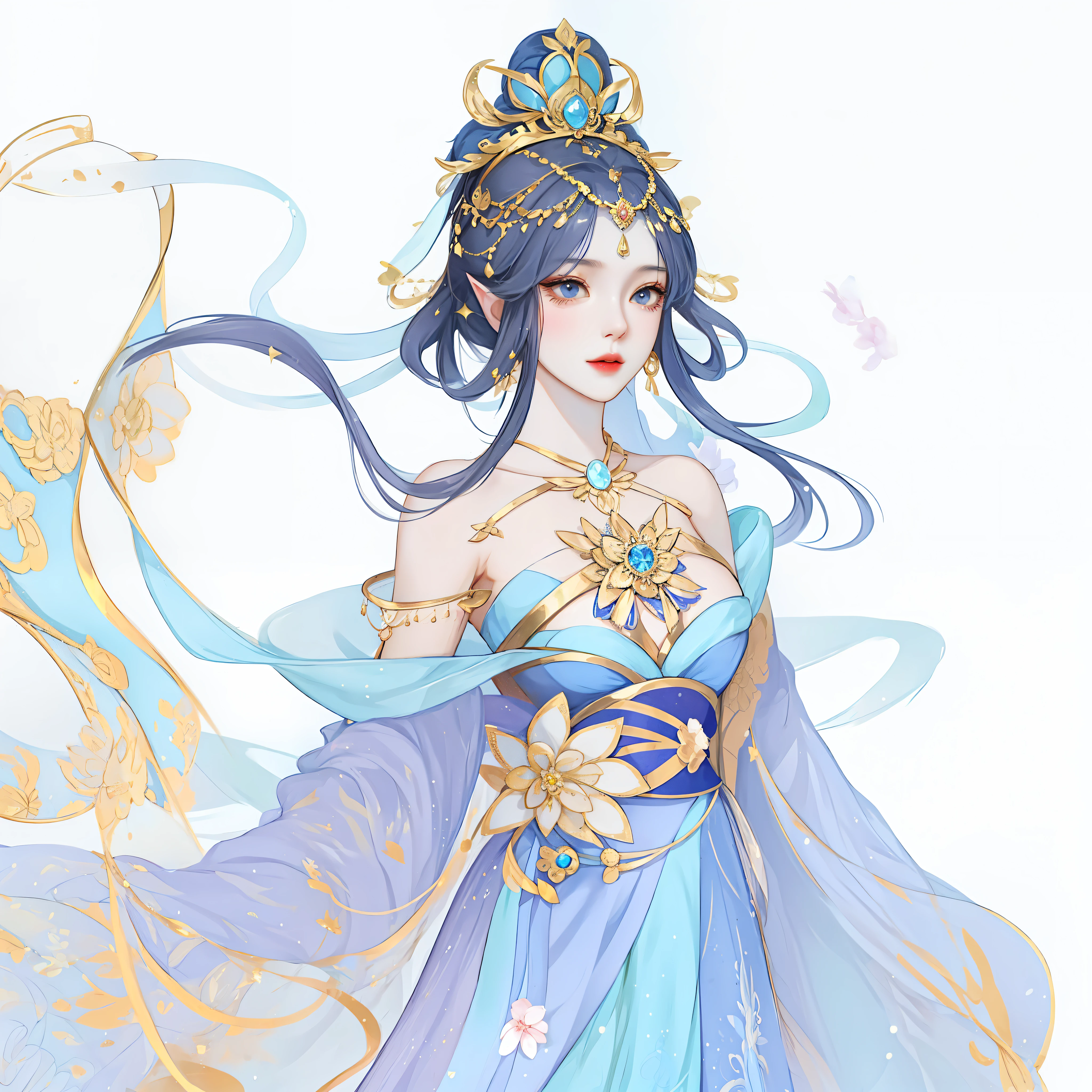 Anime girl in blue clothes,Wears a golden crown on his head,She wears a long blue dress, beautiful fantasy empress, ((beautiful fantasy empress)), palace , A girl in Hanfu, gilded lotus princess, Very detailed and beautiful fan art, Princesa chinesa antiga, full-body xianxia, Inspired by Lanying, beautiful and elegant elf queen, Belle peinture de personnage, A beautiful artistic illustration