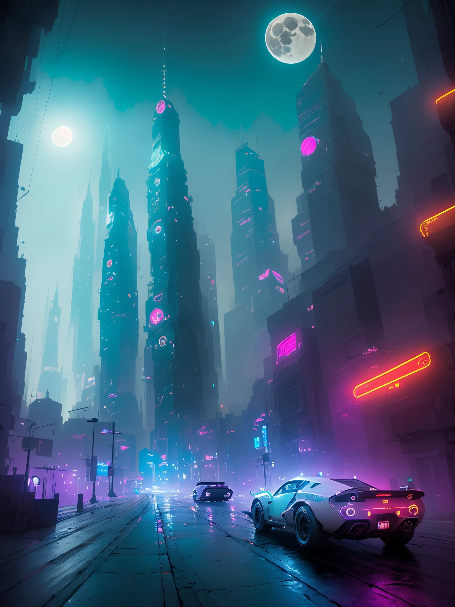 （highly  detailed：1.2），（best qualtiy：1.2），（8K：1.0），（EMB-RRF-Low：1.0），Sharp focus，（an award winning photograph：1.2），（subsurfacescattering：1.1），Futuristic city landscape，towering skyscrapers，Neon-lit street，flying cars，Hologram billboard and full moon background，Robert Broomfield，arte 3D，photorealestic，hyper-detailing，dystopian，Artstation trends，cinmatic lighting，Science fiction and fantasy。Hurricane，Need for speed，racer