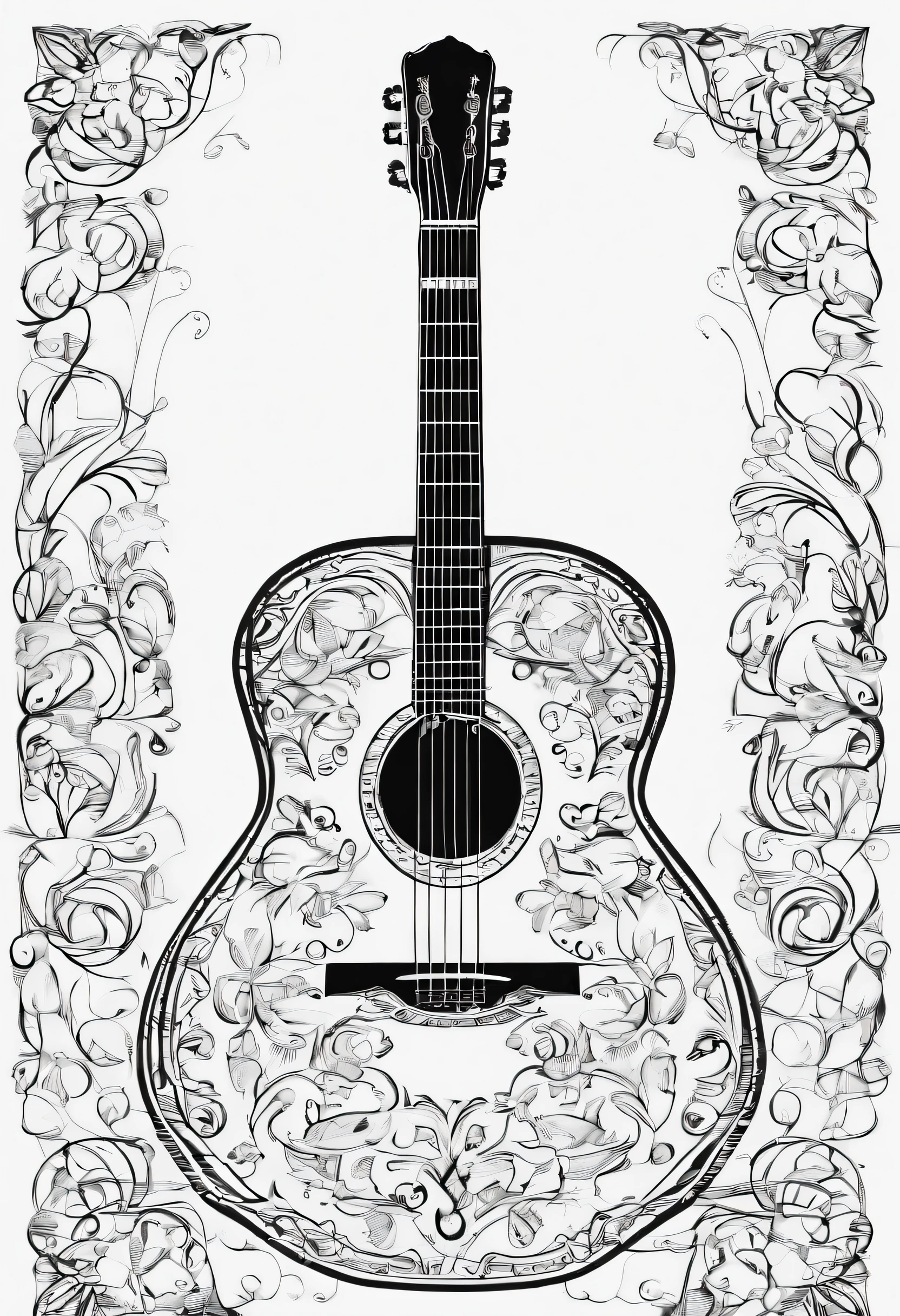 masterpiece, Spanish guitar, single, close-up, white background, monochrome, line drawing, ((sketch))