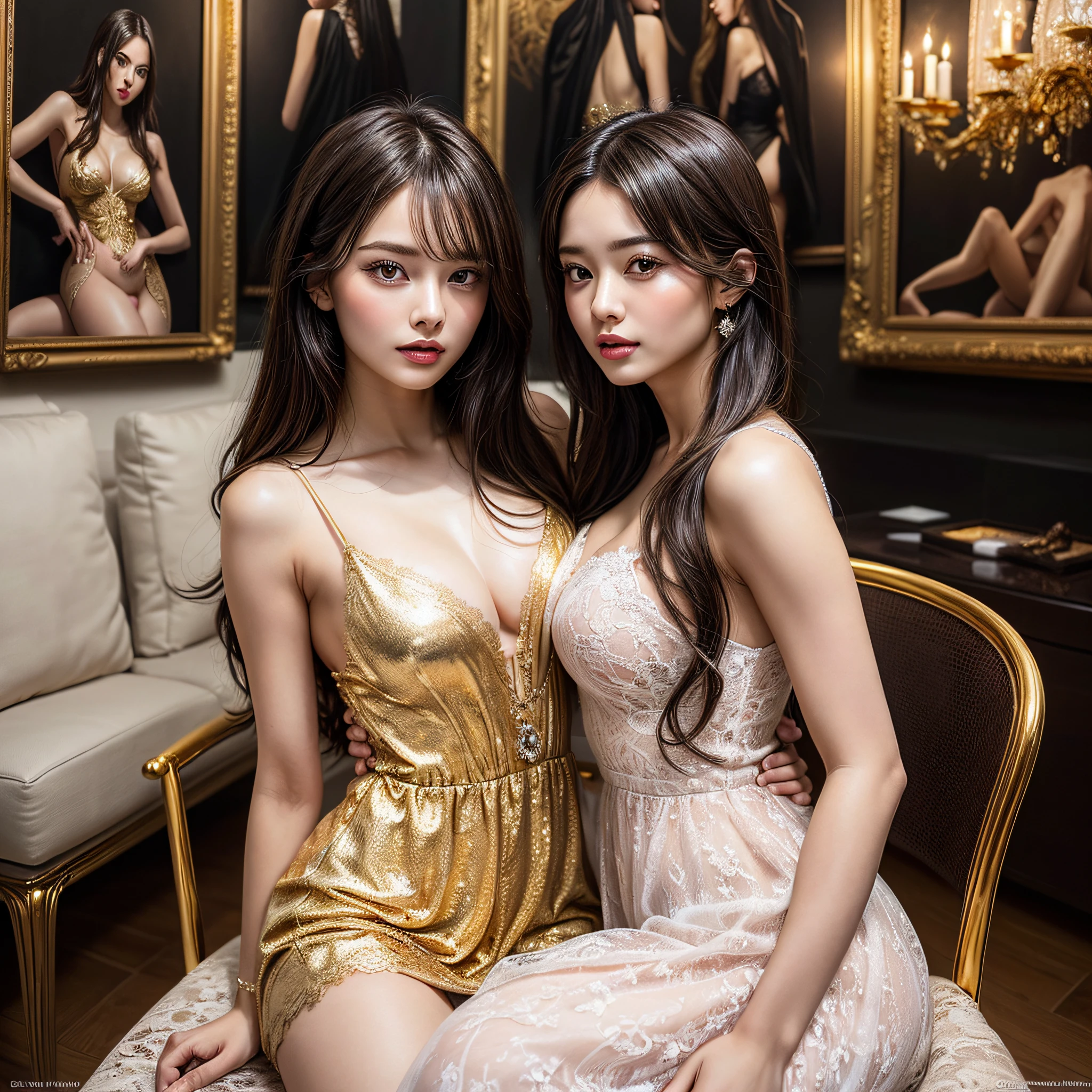(2girls:1.3), princess, long hair, passionate, (extremely detailed beautiful face), (Beautiful girl in a princess dress:1.5), (lace dress:1.4), Amazing face and eyes, (The sexiest look), (Best Quality:1.4), (hyper quality), (Ultra-detailed), (extremely detailed CG unified 8k wallpaper), Highly detailed, RAW Photos, Professional Photography, sitting, (A luxurious living room with paintings of girls sex on the walls:1.6), (golden chairs, golden ornaments, dazzling brilliance:1.2), luxurious, gorgeous, secret, sexy shot, Magnificent, great, transcendental scale, Feeling of freedom, exposing, famous sexy movie scenes,