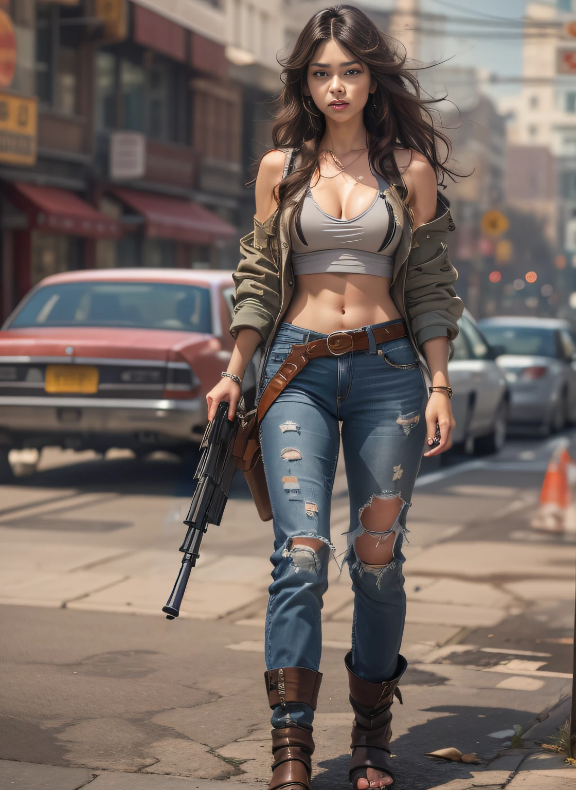 Yael Shelbia (beautiful and bold, seductive and attractive, blue eyes, pointed breasts, long curly black hair, sweaty body, open shirt, short shorts, boot, short glove, thick legs). (deserted road, dirt road, smoke, abandoned cars, newspapers, abandoned objects, bodies lying on the ground, abandoned road, apocalyptic scenery, cinematic effect), (Best quality, masterpiece, depth of field, Full HD, 4K, richness of detail). Portrait style