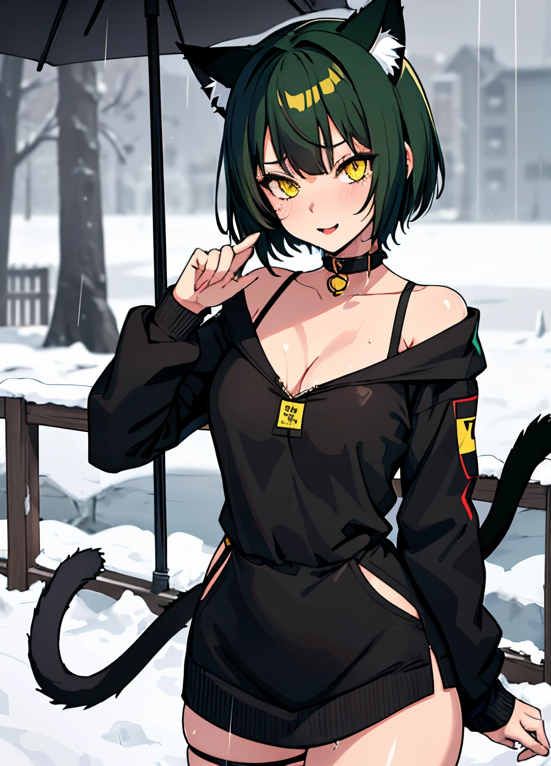 Cute girl, dark green hair, yellow eyes, short hair, cat ears, cat tail, cat collar, Winter clothes, Snow, rain, air, sexy body, sex, sexy, porn