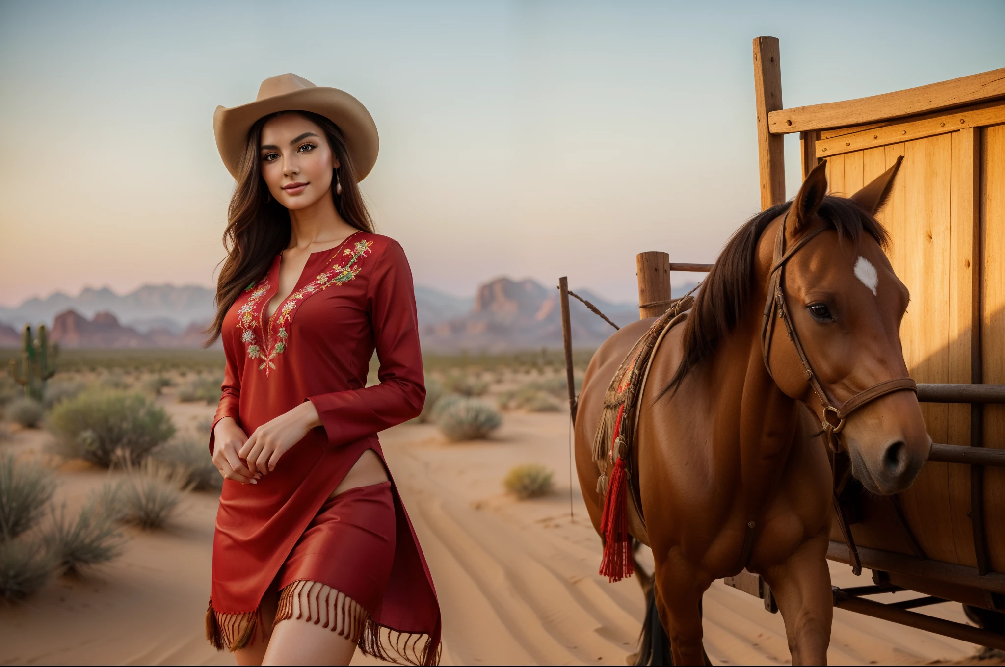 (best quality,4k,8k,highres,masterpiece:1.2), ultra-detailed, (realistic, photorealistic, photo-realistic:1.37), HDR, UHD, studio lighting, ultra-fine painting, ((full-body view:1.4)), (((1girl))),(((solo))),(((a girl alone))),(18years old),[the face is combination of (((irene1:1.2))) and (((Excella_er5:1.2)))],(sharp focus:1.5),beautiful detailed eyes,beautiful detailed lips,extremely detailed eyes and face,long eyelashes,gorgeous girl,feminine charm,pearl skin,(skin pores:1.1),extremely detailed face and skin texture,(skin texture:1.1),black hair,soft and smooth hair,tall and slender body,(192cm tall),thin and delicate figure,graceful posture,strong and defined muscles,flawless skin,defined abs,perfect curves,feminine appearance,beautiful long legs,embodying elegance and beauty,happy expression,full-smile,seductive eyes and sensual lips,large breasts,cleavage breasts,((wearing a (red:1.3) ethnic-style embroidered tunic with fringe:1.3)),(no panty:1.3),(ultra-short skirt:1.3),((see through dress:1.2)), physically-based rendering, extreme detail description, professional, vivid colors, bokeh, portraits, western, desert, cowboy hat, rustic atmosphere, dusty air, rugged landscape, wind-swept hair, warm sunlight, sunset hues, horse companion, leather boots, wooden wagon, cactus, cowgirl leaning against the wagon, confident stance, looking into the distance, vintage vibes, wind blowing her hair, solitary ambiance, serene beauty, golden hour, tranquility.