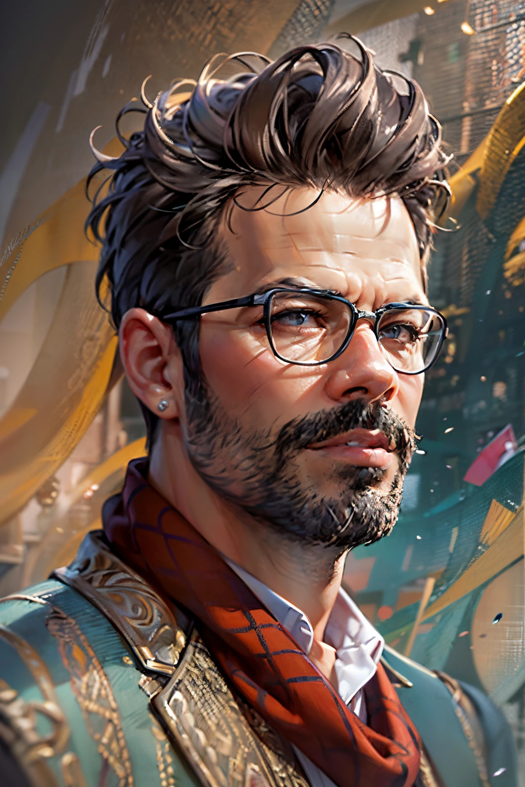 (best quality,4k,8k,highres,masterpiece:1.2),ultra-detailed,(realistic,photorealistic,photo-realistic:1.37),39 year old man,gradient hair,gradient beard,no mustache,strong jawline,sharp features,piercing eyes,intense gaze,distinguished appearance,sophisticated look,wise expression,wisdom and experience,confident smile,stylish outfit,fashionable attire,casual elegance,modern and classy,standing against a colorful abstract background,subtle lighting,soft shadows,rich color palette,vibrant hues,contrasting tones,artistic style,impressionist touch,elegant brushstrokes,texture and depth,realistic rendering,sophisticated details,meticulous attention to facial features,subtle wrinkles and lines,highly defined hair strands,perfectly groomed beard,fine skin texture and pores,detailed clothing folds and patterns,aesthetic composition,balanced and harmonious,fine art quality,painted on a canvas,portrait format,a masterpiece capturing the essence of age and wisdom.