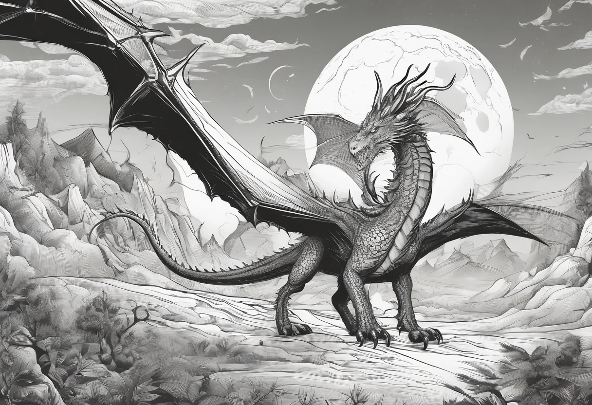 (best quality,4k,8k,highres,masterpiece:1.2),ultra-detailed,(realistic,photorealistic,photo-realistic:1.37),line art style,dragon,black and white,ink drawing,meticulous lines,powerful and majestic creature,fierce eyes,long and sharp claws,twisted horns,flowing scales in intricate patterns,fiery breath,flying in mid-air,hovering against a moonlit sky,ethereal and magical atmosphere,dramatic lighting,contrasting shadows,detailed textures,intriguing composition,masterfully shaded,high contrast,bold strokes