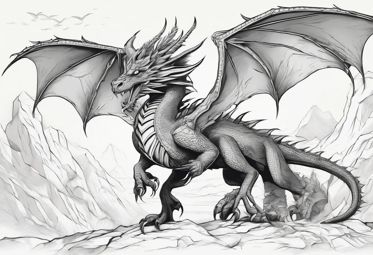 (best quality,4k,8k,highres,masterpiece:1.2),ultra-detailed,(realistic,photorealistic,photo-realistic:1.37),line art style,dragon,black and white,ink drawing,meticulous lines,powerful and majestic creature,fierce eyes,long and sharp claws,twisted horns,flowing scales in intricate patterns,fiery breath,flying in mid-air,hovering against a moonlit sky,ethereal and magical atmosphere,dramatic lighting,contrasting shadows,detailed textures,intriguing composition,masterfully shaded,high contrast,bold strokes