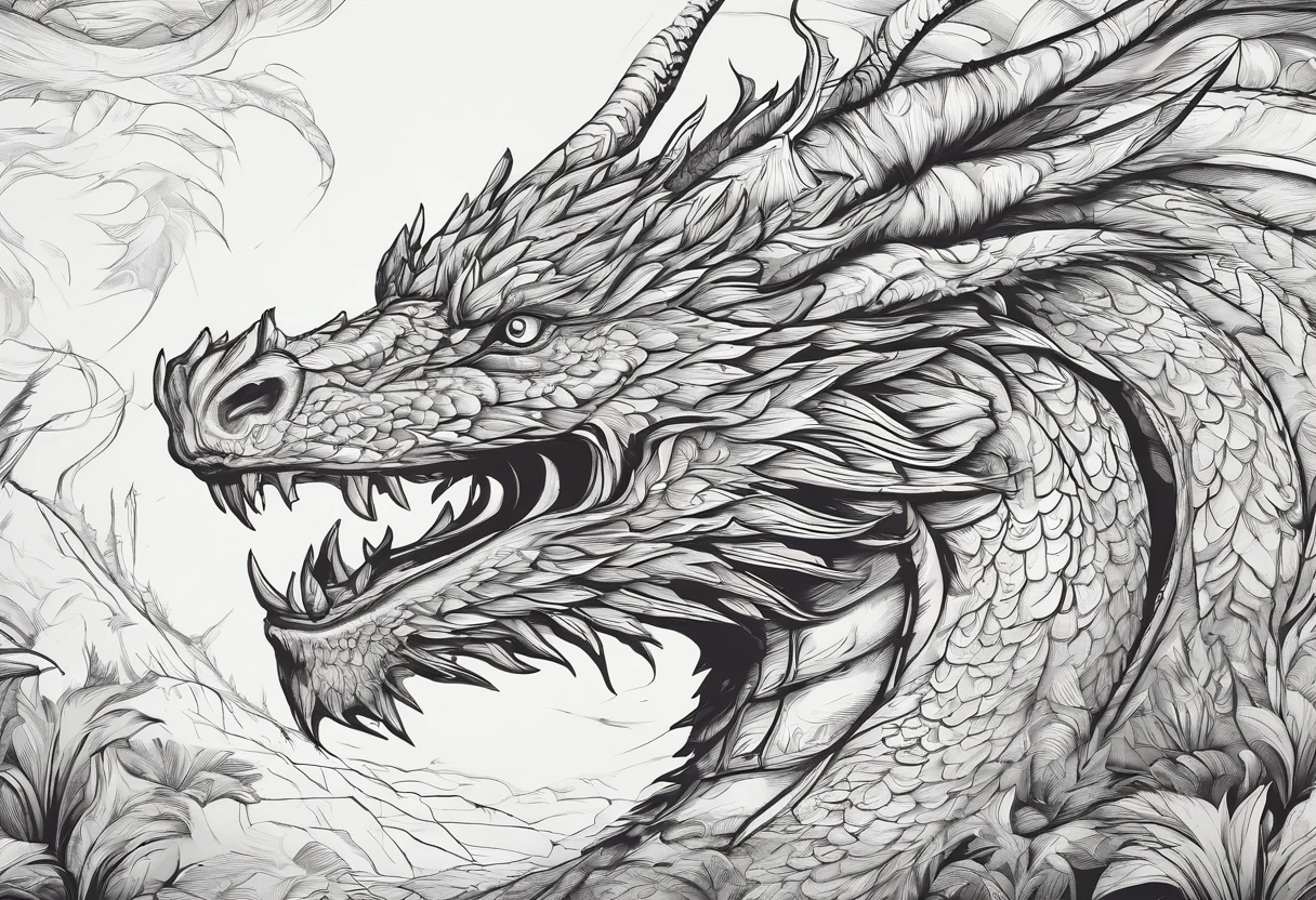 (best quality,4k,8k,highres,masterpiece:1.2),ultra-detailed,(realistic,photorealistic,photo-realistic:1.37),line art style,dragon,black and white,ink drawing,meticulous lines,powerful and majestic creature,fierce eyes,long and sharp claws,twisted horns,flowing scales in intricate patterns,fiery breath,flying in mid-air,hovering against a moonlit sky,ethereal and magical atmosphere,dramatic lighting,contrasting shadows,detailed textures,intriguing composition,masterfully shaded,high contrast,bold strokes