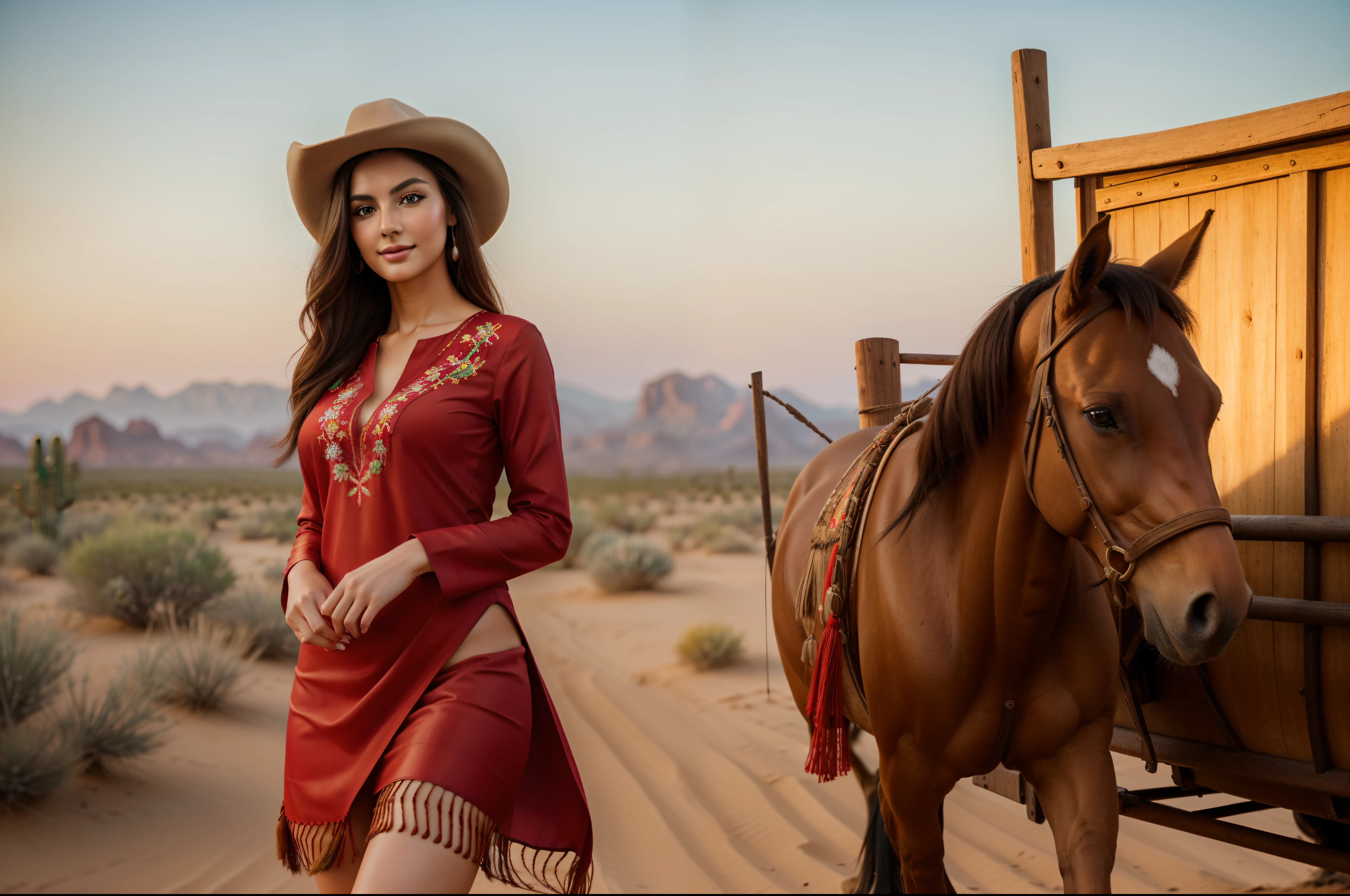 (best quality,4k,8k,highres,masterpiece:1.2), ultra-detailed, (realistic, photorealistic, photo-realistic:1.37), HDR, UHD, studio lighting, ultra-fine painting, ((full-body view:1.4)), (((1girl))),(((solo))),(((a girl alone))),(18years old),[the face is combination of (((irene1:1.2))) and (((Excella_er5:1.2)))],(sharp focus:1.5),beautiful detailed eyes,beautiful detailed lips,extremely detailed eyes and face,long eyelashes,gorgeous girl,feminine charm,pearl skin,(skin pores:1.1),extremely detailed face and skin texture,(skin texture:1.1),black hair,soft and smooth hair,tall and slender body,(192cm tall),thin and delicate figure,graceful posture,strong and defined muscles,flawless skin,defined abs,perfect curves,feminine appearance,beautiful long legs,embodying elegance and beauty,happy expression,full-smile,seductive eyes and sensual lips,large breasts,cleavage breasts,((wearing a (red:1.3) ethnic-style embroidered tunic with fringe:1.3)),(no panty:1.3),(ultra-short skirt:1.3),((see through dress:1.2)), physically-based rendering, extreme detail description, professional, vivid colors, bokeh, portraits, western, desert, cowboy hat, rustic atmosphere, dusty air, rugged landscape, wind-swept hair, warm sunlight, sunset hues, horse companion, leather boots, wooden wagon, cactus, cowgirl leaning against the wagon, confident stance, looking into the distance, vintage vibes, wind blowing her hair, solitary ambiance, serene beauty, golden hour, tranquility.