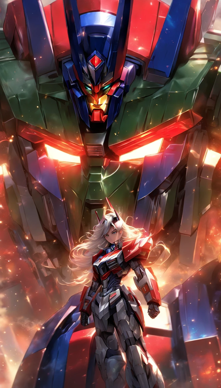 White hair, Very long hair, students shine, V-shaped eyebrows, V-shaped eyebrows, reflector, 对称, expected insert, Column lineup, ultra-realistic realism, afofuturism, Hyper-realism, style of anime, fist up, 电影灯光, god light, hyper HD, retinas, tmasterpiece, acurate, Anatomically correct, ctextured skin, super detailing, high detal, high qulity, Award-Awarded, Best quality at best, 8K
(Future female warrior standing in front of Mecha Optimus Prime), (Mecha Optimus Prime: 1.37), album cover concept art, Jessica Rossier Fantasy Art, bibl style, Infinite aura background: In red and green galaxies
