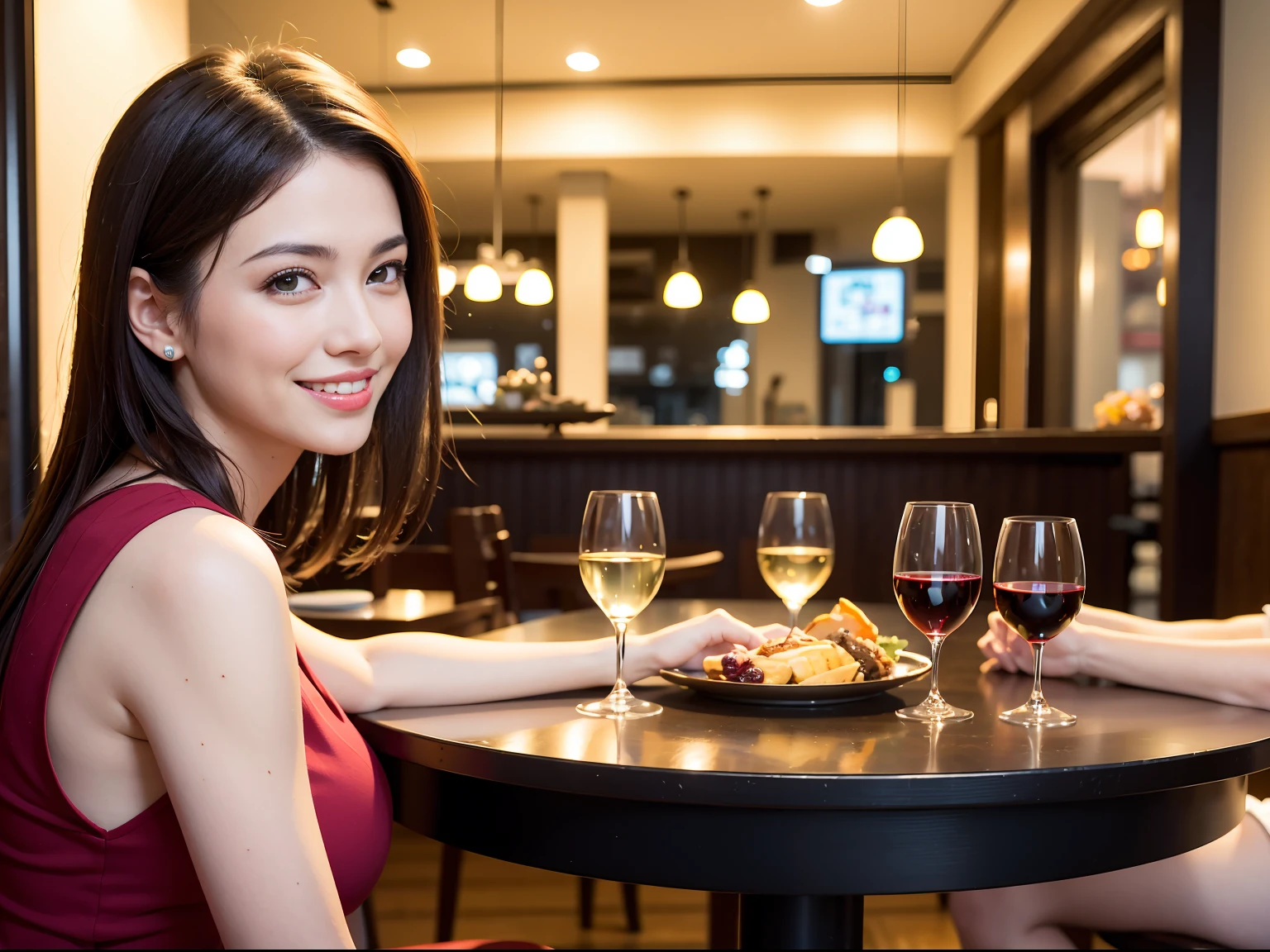 (64K, UHD, top quality, masterpiece: 1.2), (realistic, photorealistic: 1.37), super detailed, pretty woman 1 person, (slim face), (slim body), (brown hair), (short cut), cheeks slightly blushing, (44 years old), 38 years old, solo, beautiful detailed urban night view outside the window, restaurant, wine glasses sit, at night, in a prominent placeNovaFrogStyle, Actress, Model, Waist Up, White Wine, Slim, Wine Glass, Super Clean Night View, Wine Glass Put in the Middle, Happy Smile, (Smile: 1.15), Beautiful Fine Eyes, Upper Body, Bust Japan Up, Night, Short, Short, Actress, Model, Waist Up, White Wine, Slim, Wine Glass, Super Clean Night View, Wine Glass Put in the Middle, Happy Smile,