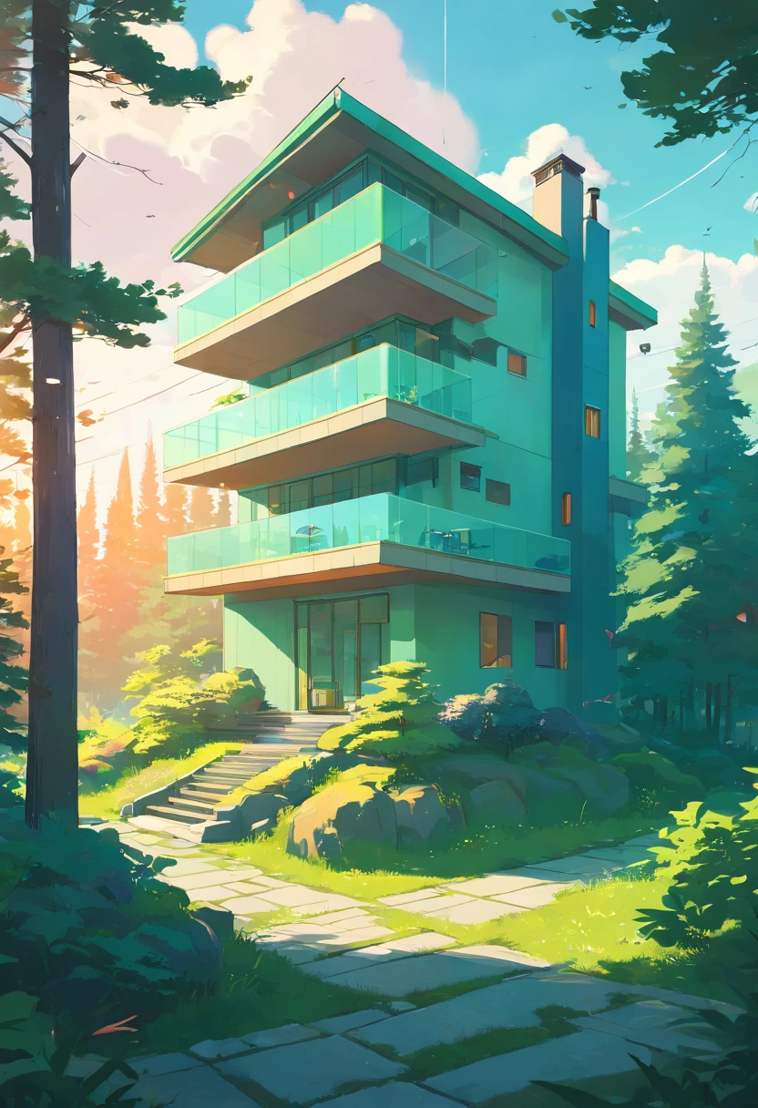 (((An amazing house))), (minimalism and brutalism style influence), (((with terraces))), (beautiful gardens), ((lake)), waterfall ((top of a samm hill)), (in edge of a river), sunset, big, deep and beautiful clouds, illustration format, cool and warm color palette, high contrast, hard shadows (Masterpiece, highest quality), (Exquisite lighting and shadow, highly dramatic picture, Cinematic lens effect), (((Simon Stålenhag visual style))) 2 level house, most walls are made of glass, 200 square meter house, First floor and second floor are not on top of each other, offset,, avantgard, future, flat roof, architecture inspired by Zaha Hadid, Frank Lloyd Wright falling water, trees in the garden