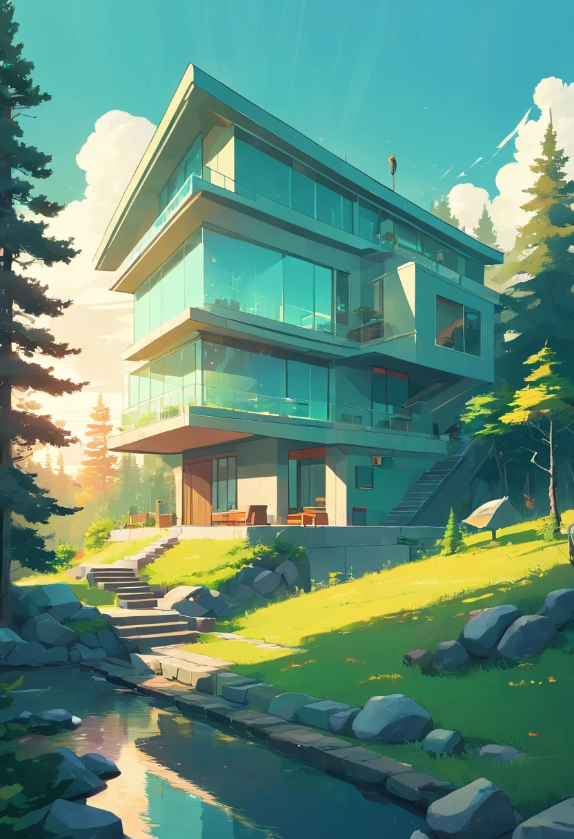 (((An amazing house))), (minimalism and brutalism style influence), (((with terraces))), (beautiful gardens), ((lake)), waterfall ((top of a samm hill)), (in edge of a river), sunset, big, deep and beautiful clouds, illustration format, cool and warm color palette, high contrast, hard shadows (Masterpiece, highest quality), (Exquisite lighting and shadow, highly dramatic picture, Cinematic lens effect), (((Simon Stålenhag visual style))) 2 level house, most walls are made of glass, 200 square meter house, First floor and second floor are not on top of each other, offset,, avantgard, future, flat roof, architecture inspired by Zaha Hadid, Frank Lloyd Wright falling water, trees in the garden