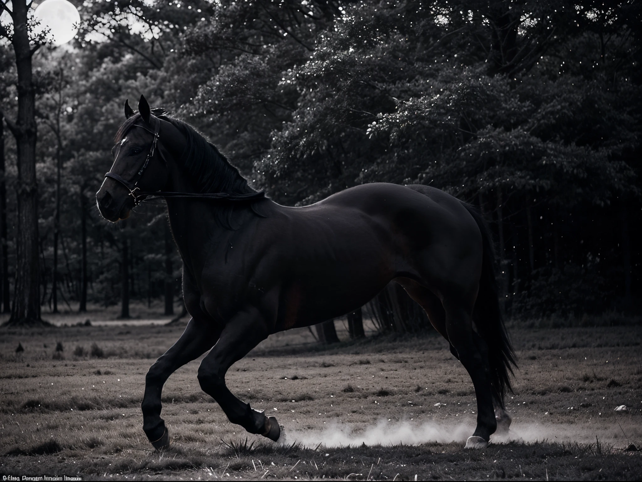 A striking black stallion galloping with unbridled power and grace through a moonlit forest. The breathtaking scene is captured in a captivating black and white photograph, meticulously showcasing the stallion's glossy ebony coat and the contrasting shadows that dance around it. Every sinewy muscle is defined, enhancing the stallion's majestic presence. The image exudes an air of mystique and elegance, leaving viewers in awe of the resplendent beauty of this magnificent creature.