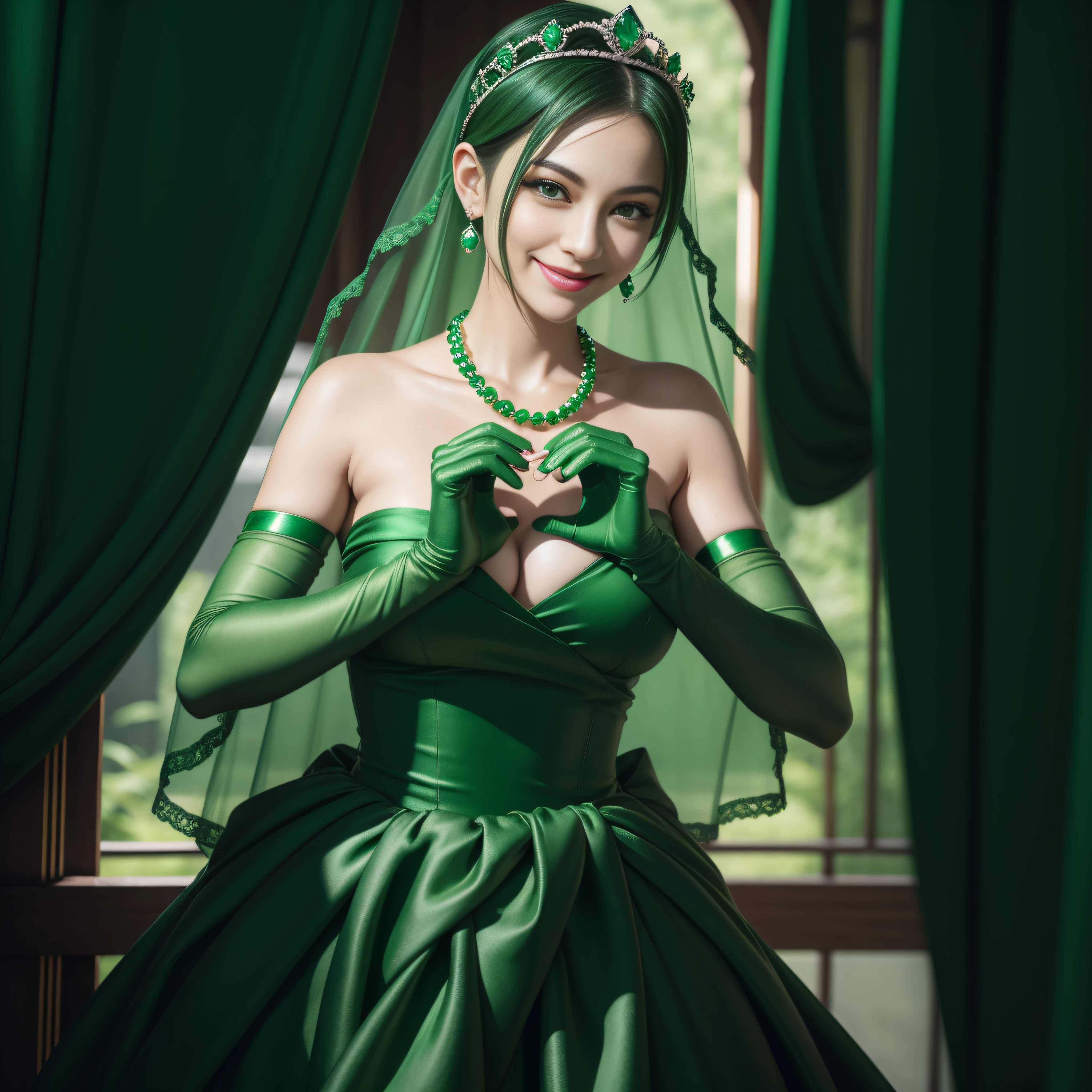 emerald tiara, Green Pearl Necklace, Boyish very short green hair, lipsticks, Japan woman smiling, very short short hair, big breasts beautiful, Green eyes, Long green gloves made of satin material, Green eyes, Emerald Earrings, green vale, Heart with both hands