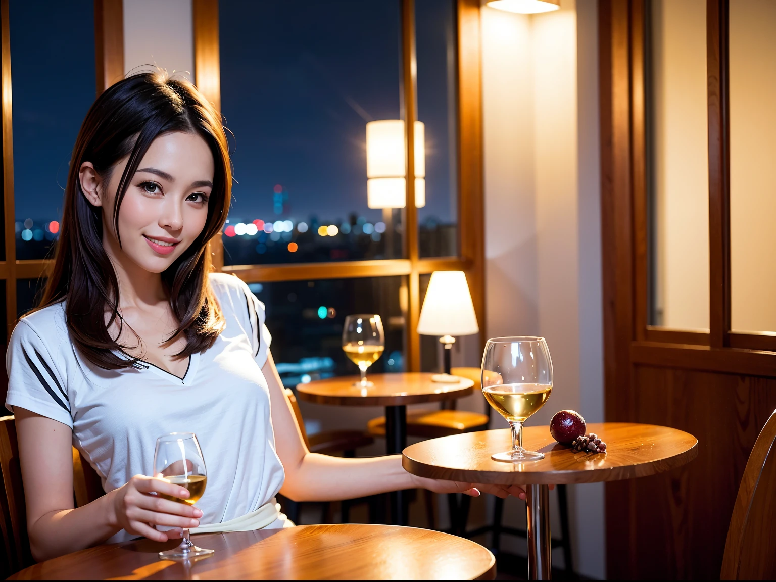 (64K, UHD, top quality, masterpiece: 1.2), (realistic, photorealistic: 1.37), super detailed, pretty woman 1 person, (slim face), (slim body), (brown hair), (short cut), cheeks slightly blushing, (35 years old), 38 years old, solo, beautiful detailed urban night view outside the window, restaurant, wine glasses sit, at night, in a prominent place (from the waist up) NovaFrogStyle, Actress, Model, Waist Up, White Wine, Slim, Wine Glass, Super Clean Night View, Wine Glass Put in the Middle, Happy Smile, (Smile: 1.15), Beautiful Fine Eyes, Upper Body, Bust Japan Up, Night, Short, Short, Actress, Model, Waist Up, White Wine, Slim, Wine Glass, Super Clean Night View, Wine Glass Put in the Middle, Happy Smile,