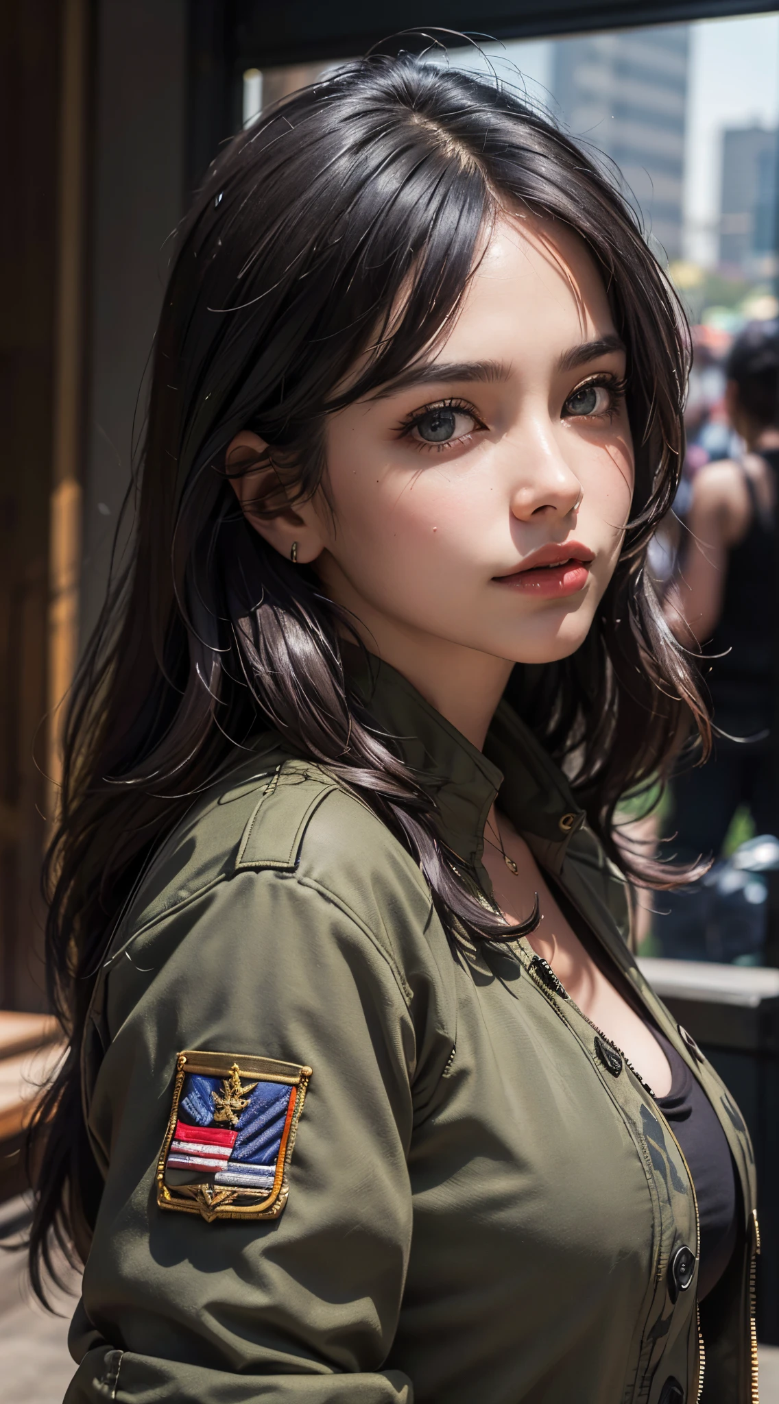 (best quality, 4k, 8k, high-res, masterpiece:1.2), ultra-detailed, (realistic, photorealistic, photo-realistic:1.37), (beautiful detailed eyes, beautiful detailed lips, extremely detailed eyes and face), studio lighting, physically-based rendering, vivid colors, (big tits, super big tits, super extra big tits, glamorous body), (military jacket:1.5), (black tank top:1.2), (portrait, long black straight hair, shiny hair, shiny skin), (blurred background), (tilt your head to the side:1.5),