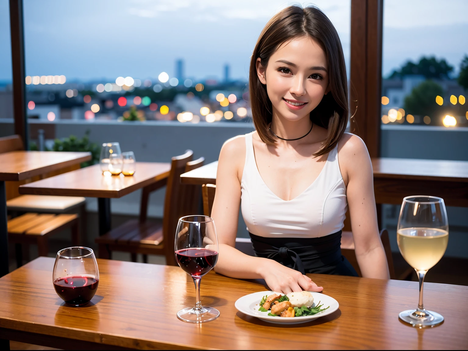 (64K, UHD, top quality, masterpiece: 1.2), (realistic, photorealistic: 1.37), super detailed, pretty woman 1 person, (slim face), (slim body), (brown hair), (short cut), cheeks slightly blushing, (35 years old), 38 years old, solo, beautiful detailed urban night view outside the window, restaurant, wine glasses sit, at night, in a prominent place (from the waist up) NovaFrogStyle, Actress, Model, Waist Up, White Wine, Slim, Wine Glass, Super Clean Night View, Wine Glass Put in the Middle, Happy Smile, (Smile: 1.15), Beautiful Fine Eyes, Upper Body, Bust Japan Up, Night, Short, Short, Actress, Model, Waist Up, White Wine, Slim, Wine Glass, Super Clean Night View, Wine Glass Put in the Middle, Happy Smile,