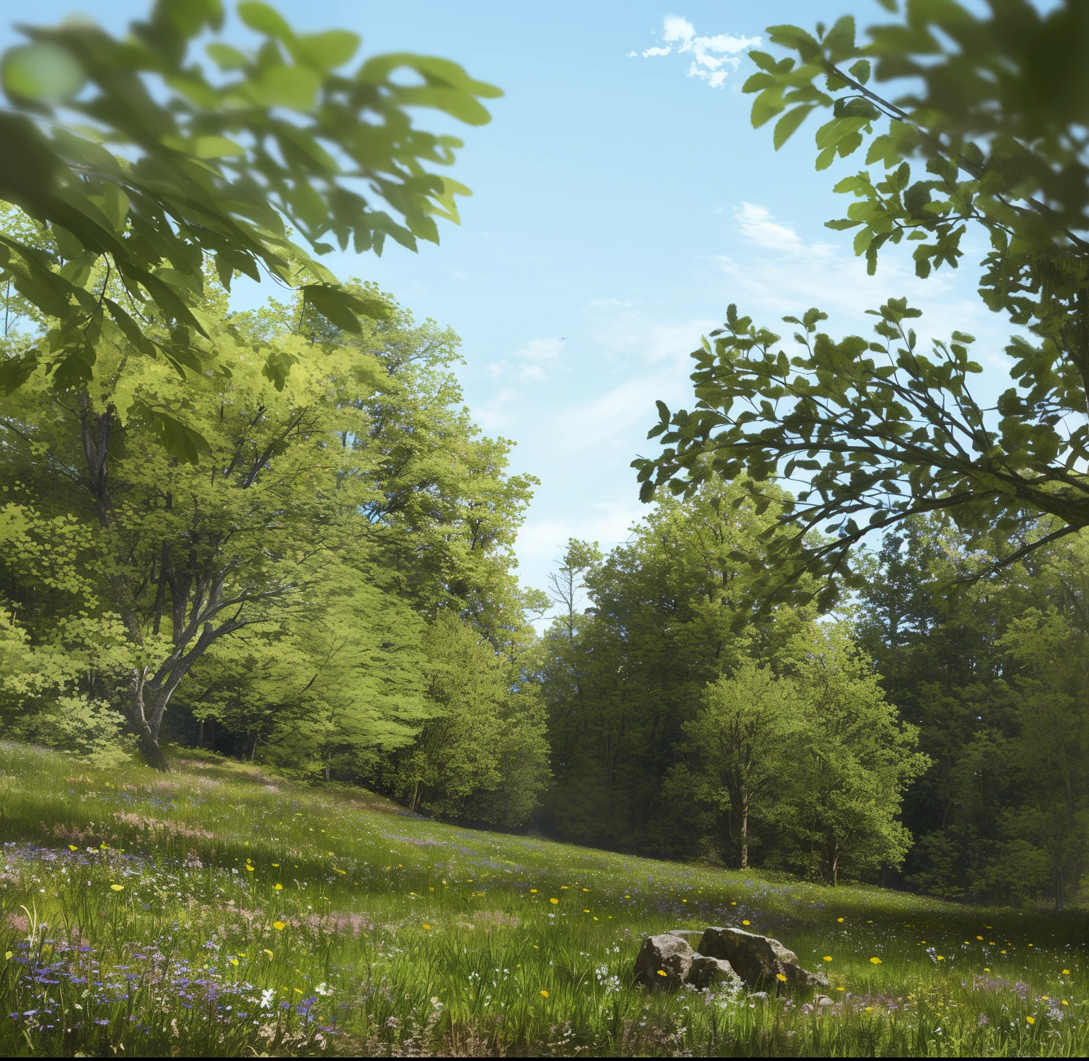 Meadows in the forest, highly detailed environments, natural realistic render, forest glade landscape, hyper-realistic environment, Lush pastoral woodland scene, highly detailed scenario, photorealistic landscapes, Rendering in cryengine, beautiful landscape rendering, Meadows with flowers, Highly detailed, photorealistic realism, Ultra-detailed environment