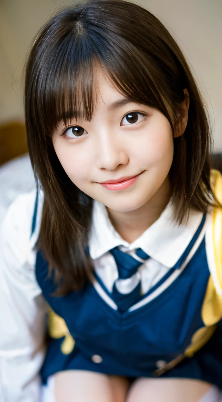 (top-quality,8K picture quality,masterpiece:1.3,),(超A high resolution,Photorealsitic:1.4,Raw photography),(ultra-detailliert,Caustics,perfect anatomia),(Ultra-realistic capture,Beautifully detailed skin),(Front view:1.1),(sit on a bed:1.1),(Low position:1.3),(Low Angle Full Body Shot:1.4),18year old,kawaii,Japanese ido,A dark-haired,a short bob,Single eyelid,A smile,School Uniforms,Slouched,(Looking down at the camera),natural soft light