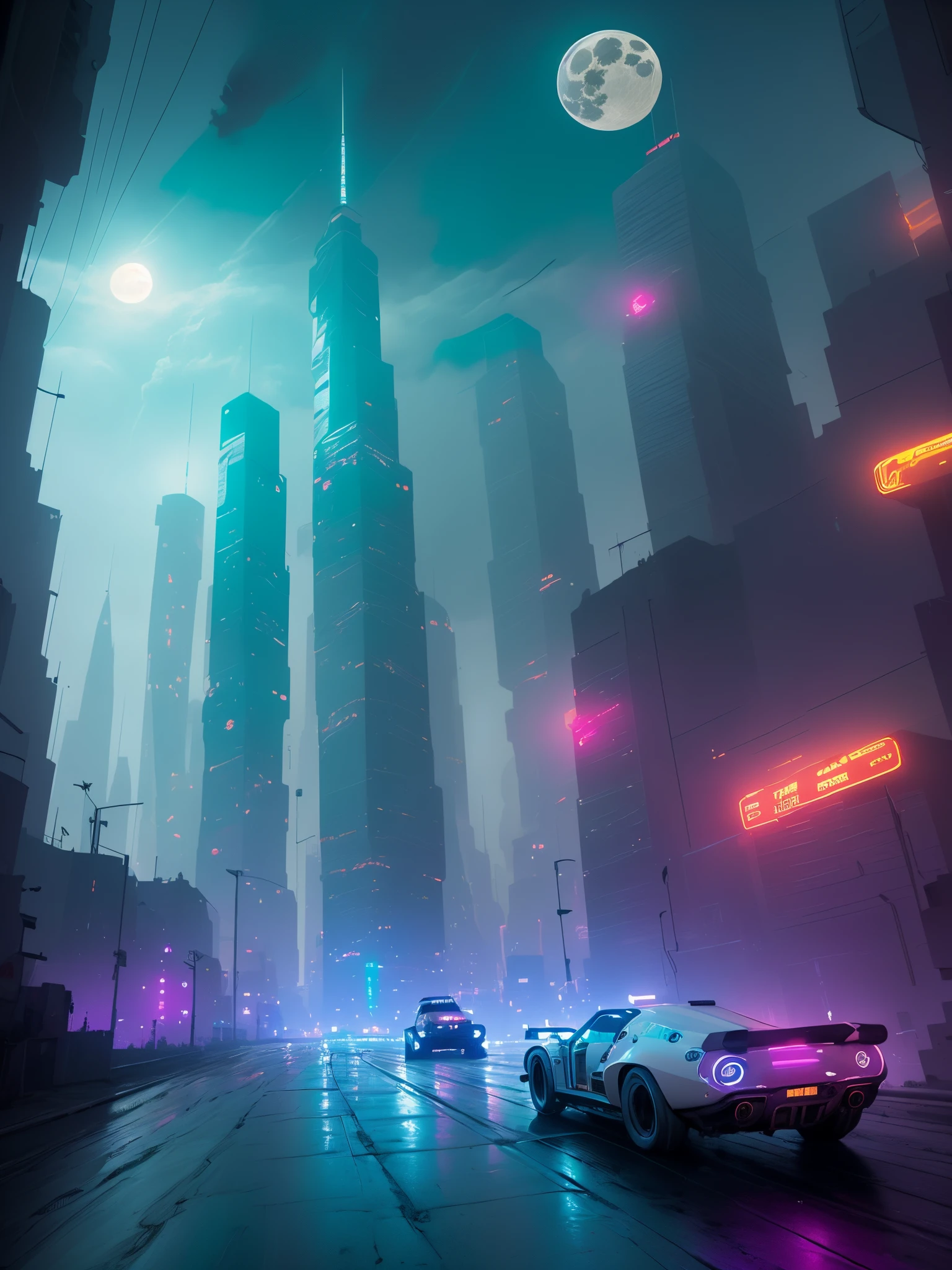 (The content is very detailed:1.2),(Best quality at best:1.2),(8K:1.0),(EMB-RRF-Low:1.0),Focus sharp,(an award winning photograph:1.2),(sub surface scattering:1.1),Future cityscape,towering skyscrapers,Street illuminated by neon lights,flying cars,Hologram billboard and full moon background,Robert Broomfield,Art 3D,フォトリアリスティック,hyper-detailing,dystopian,trends in art station,电影灯光,Science fiction and fantasy。hurricane,need for speed,Racers,future-tech,cyber punk perssonage,racer,Live the life of Riley