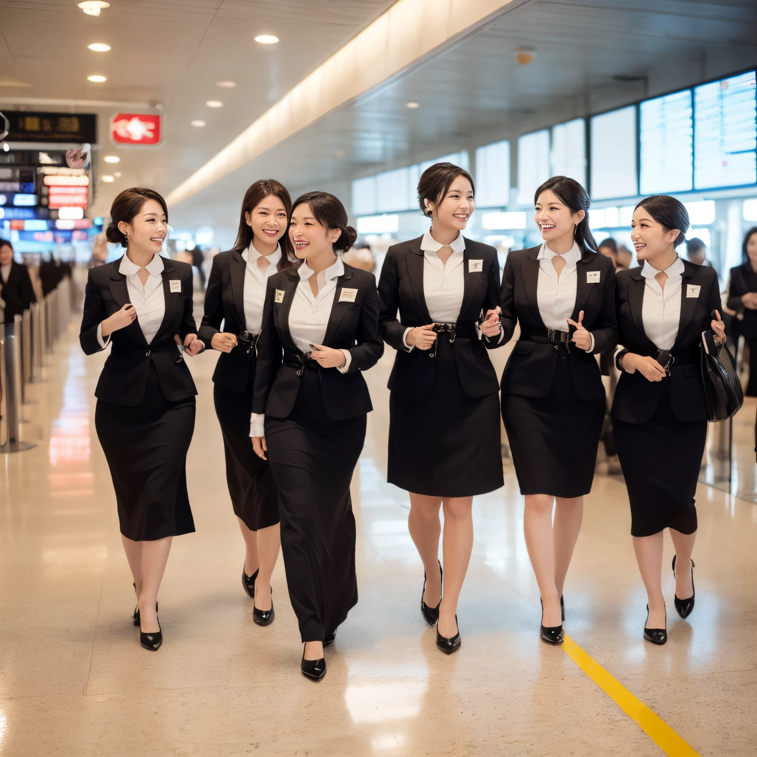 ((top-quality、masutepiece、8K、Top image quality、Hyper-Realism))、(5 female ground staff、group of women walking side by side、multiple women walking together、A group of stewardesses walking together、cowboy  shot、5 people wearing the same uniform、Photo from the waist up)、((The location is the airport plaza....、Five women walking through the airport、Perfect and detailed airport interior reproduction、Super detailed airport plaza))、((perfect stewardess uniform、Chignon))、The Biggest Smile、white big teeth、Perfect makeup、long eyelashes、View me、smile your best smile、perfect anatomia、The lighting is very bright