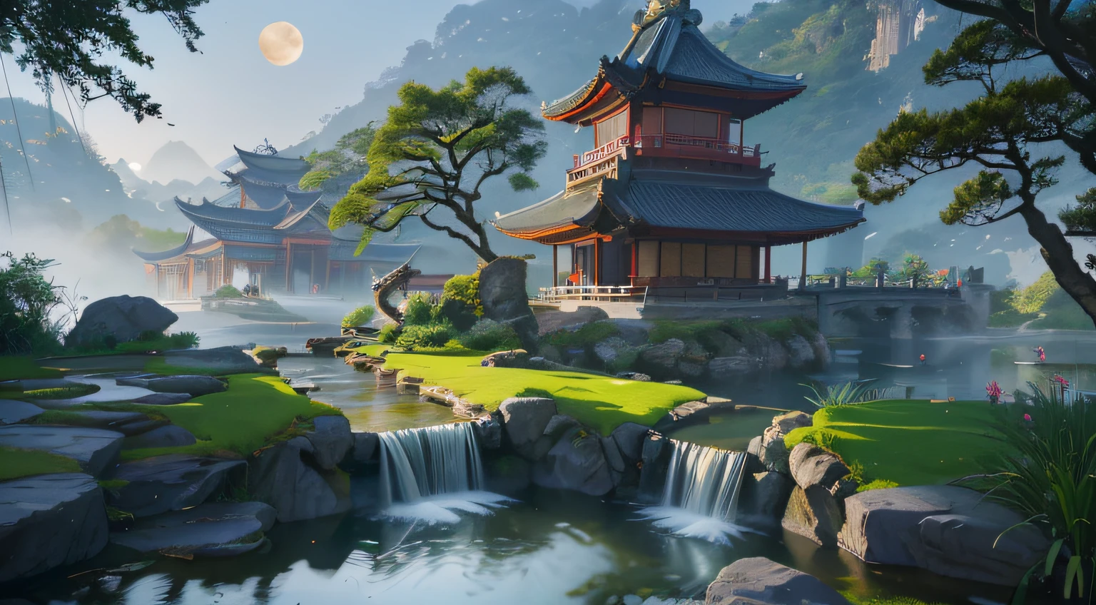 Ancient Chinese architecture, cool colors, dark night, moon, garden, bamboo, lake, stone bridge, rockery, arch, corner, tree, running water, landscape, outdoor, waterfall, grass, rock, dense fog, (Illustration: 1.0) , Epic Composition, HD Details, Masterpiece, Best Quality, (Very Detailed CG Unity 8k Wallpapers) --v 6