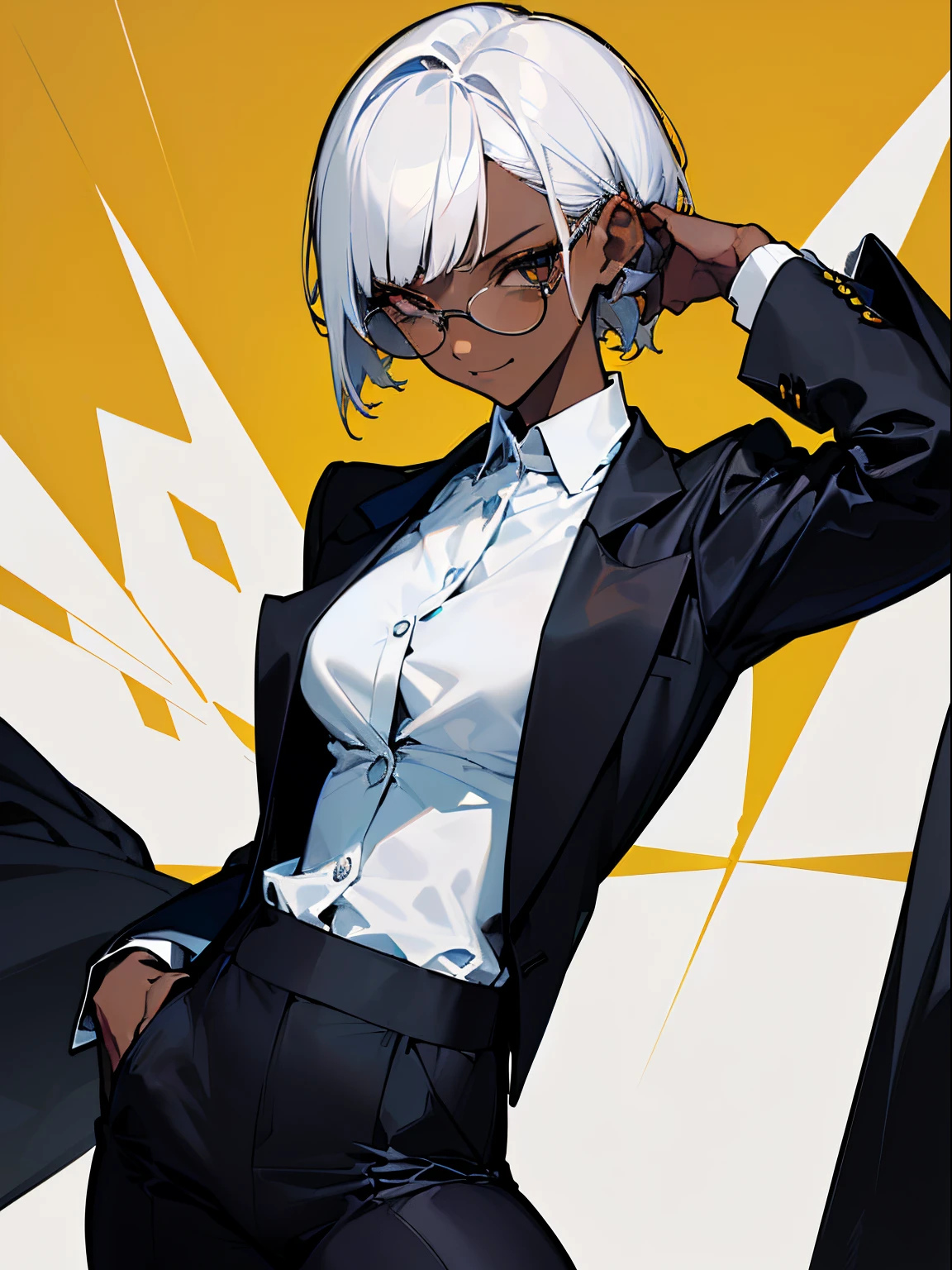 (top-quality、​masterpiece:1.2) 1womanl、Adults、((dark skinned female、long white short hair、Hair hanging over the ears)) golden eye、eye glasses、((Business suits、Black tailored jacket、white  shirt、Black pantsuit)) (office backdrop) (Vicious look、Vulgar smile)