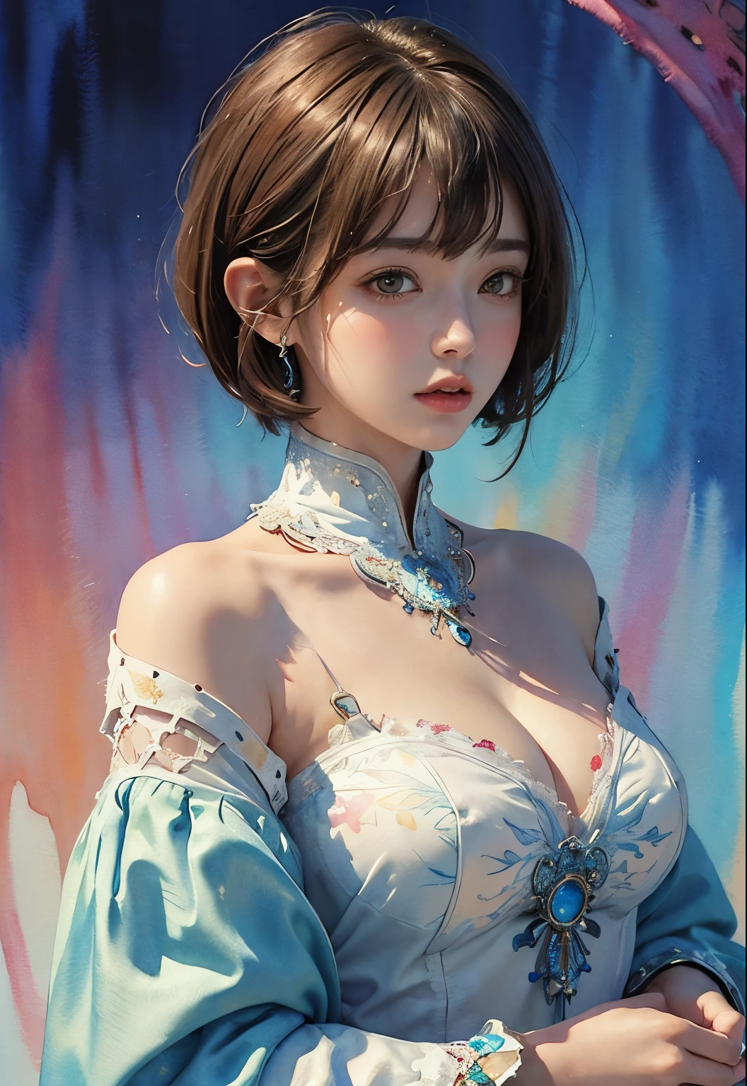 (masterpiece、top-quality、top-quality、Official art、Beautifully Aesthetic:1.2)、(1girl in)、ighly detailed、(Fractal Art:1.3), (watercolor paiting:1.3), colourfull、highestdetailed, ((short hair with bangs)), Colossal tits