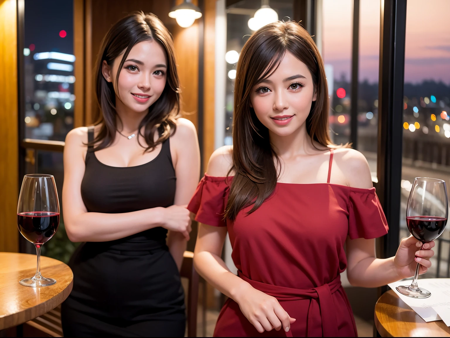 (64K, UHD, top quality, masterpiece: 1.2), (realistic, photorealistic: 1.37), super detailed, pretty woman 1 person, (slim face), (slim body), (brown hair), (short cut), cheeks slightly blushing, (35 years old), 38 years old, solo, beautiful detailed urban night view outside the window, restaurant, wine glasses sit, at night, in a prominent place (from the waist up) NovaFrogStyle, Actress, Model, Waist Up, White Wine, Slim, Wine Glass, Super Clean Night View, Wine Glass Put in the Middle, Happy Smile, (Smile: 1.15), Beautiful Fine Eyes, Upper Body, Bust Japan Up, Night, Short, Short, Actress, Model, Waist Up, White Wine, Slim, Wine Glass, Super Clean Night View, Wine Glass Put in the Middle, Happy Smile,