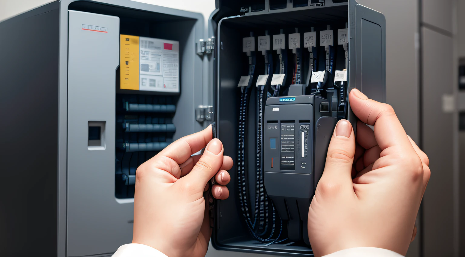 A hand holding a filling in information,The background is the power distribution cabinet