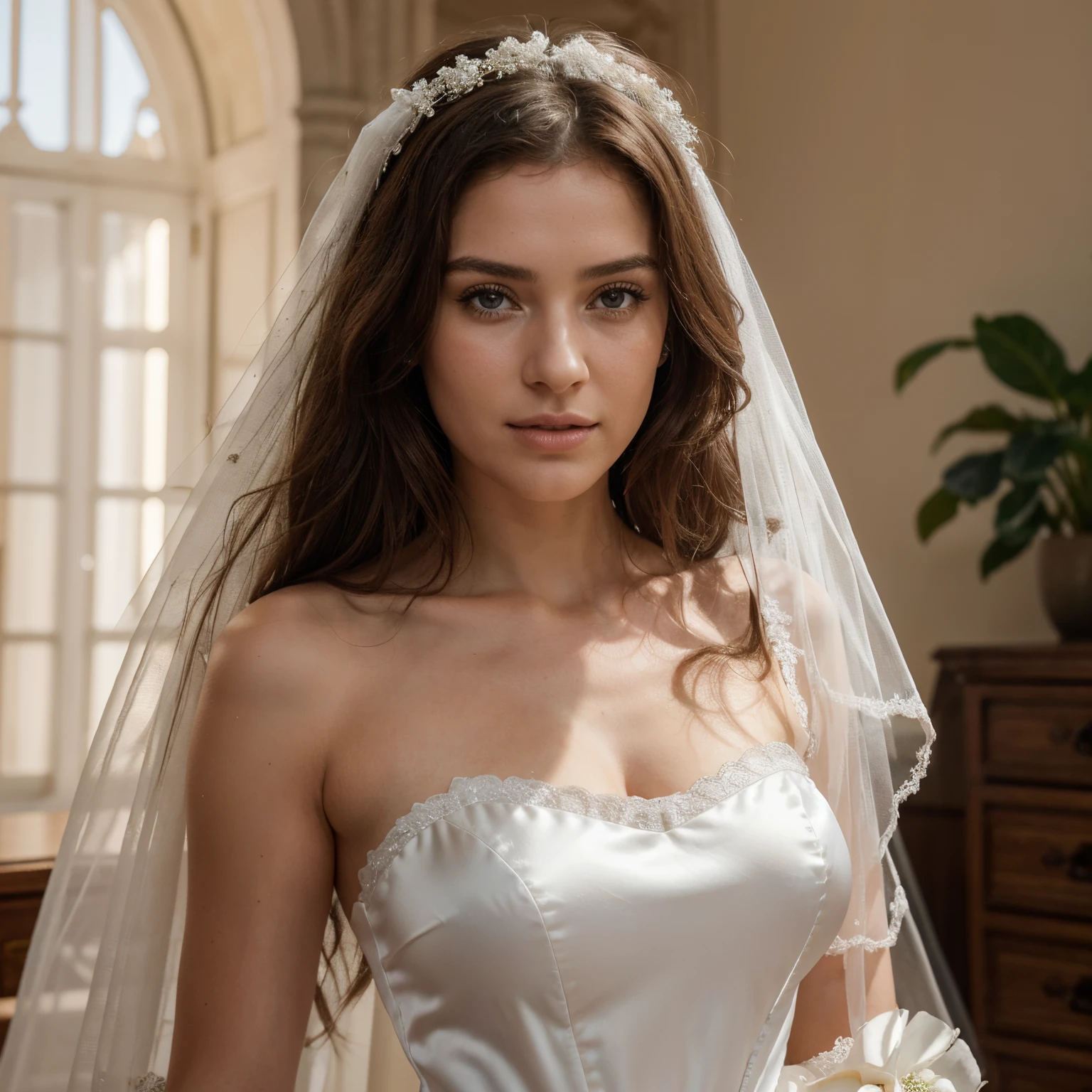 RAW, analogique, Nikon Z 85mm,((Best quality)), ((Masterpiece)), ((Realstic)),image vintage, magnifique femme sicilienne, 18 ans, posant dans un bureau en robe de mariée, jambes croisées, au travail, ((bride gown)), Grand sourire avec des dents visibles, (Rousseur:0.6), Intricate details, highly detailed, mise au point nette, professionnel, 4K, Rayons divins, mains dans le dos, Superbes yeux bleus, petite, high resolucion, Detailed facial features, High detail, mise au point nette, lisse, Extremely detailed, photo_\(ultra\), photoreallistic, bas, Realstic, Post-traitement, max detail, roughness, real life, ultra realist, photorealism, 8K UHD, SEMI-SILHOUETTE light, Visage italien. Moyenne poitrine, Sinueuse, Chiffre de sablier, pose debout, haut femme with decolté, with bride gown, long gown, ((satin )), habillée tout en blanc, all white