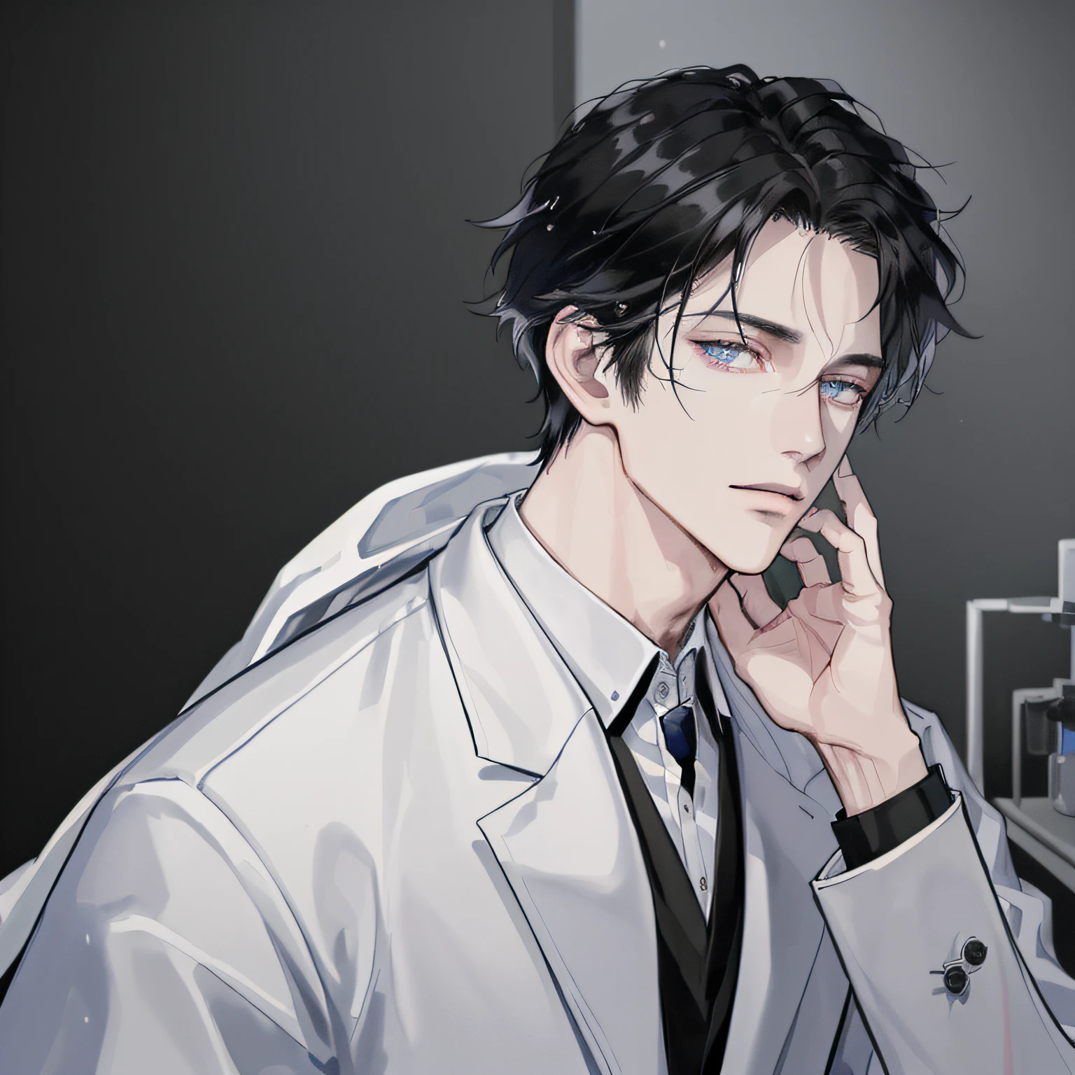 ((masutepiece)), ((Best Quality)), (Ultra-detailed), ((Extremely detailed)), 4K, (8K), Best Quality, (Beautiful), Anime style, laboratory, a handsome man, man, Solo, White coat costume,, Beautiful black hair, Beautiful black eyes, ((Beautiful eyes)), Cool,mad scientist,researcher,lab room,I have a syringe、((up of face))