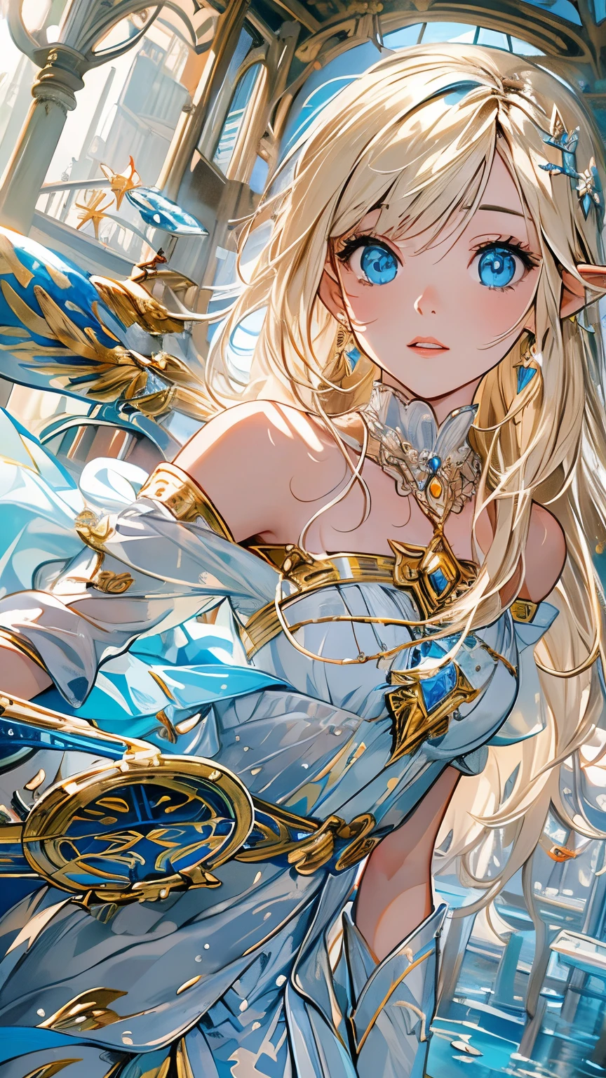 "(Best quality,4K,8K,A high resolution,tmasterpiece:1.2), ultra - detailed,(actual,realistically,realistically:1.37), Impresionismo, Under water, iris compit, airbubble, Flat-chested girl, The fish, Long blonde hair, floods, Solitude, Eau, A princess, blond hair blue eyes, short- sleeved, eBlue eyes, fairies, Legend of Zelda, jewely, CG, kingdom city background, Ancient machinery, diadems, Light effect."