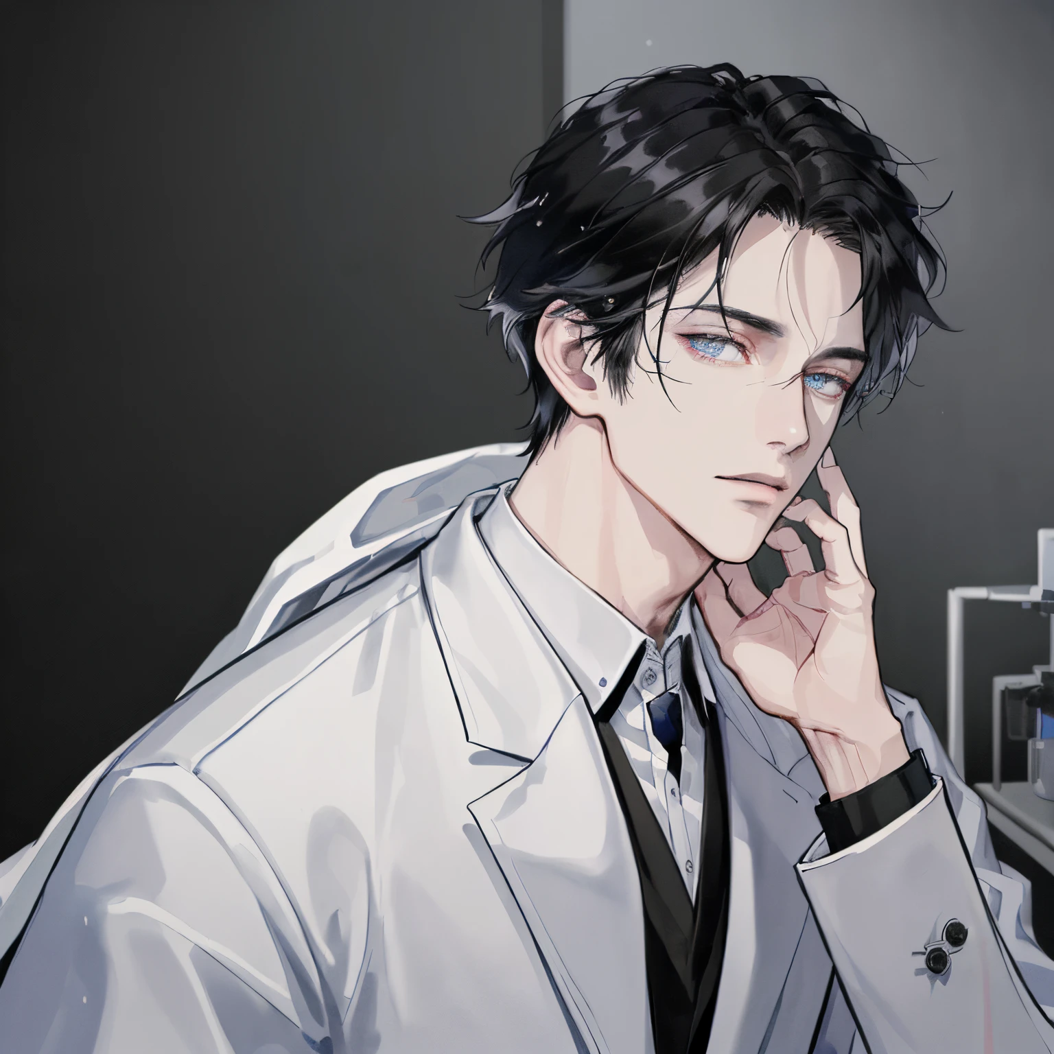 ((masutepiece)), ((Best Quality)), (Ultra-detailed), ((Extremely detailed)), 4K, (8K), Best Quality, (Beautiful), Anime style, laboratory, a handsome man, man, Solo, White coat costume,, Beautiful black hair, Beautiful black eyes, ((Beautiful eyes)), Cool,mad scientist,researcher,lab room,I have a syringe、((up of face))