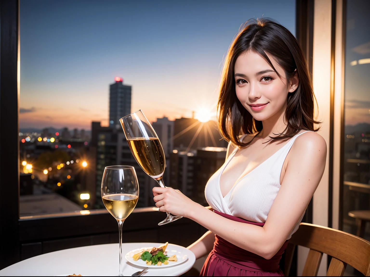 (64K, UHD, top quality, masterpiece: 1.2), (realistic, photorealistic: 1.37), super detailed, pretty woman 1 person, (slim face), (slim body), (brown hair), (short cut), cheeks slightly blushing, (35 years old), 38 years old, solo, beautiful detailed urban night view outside the window, restaurant, wine glasses sit, at night, in a prominent place (from the waist up) NovaFrogStyle, Actress, Model, Waist Up, White Wine, Slim, Wine Glass, Super Clean Night View, Wine Glass Put in the Middle, Happy Smile, (Smile: 1.15), Beautiful Fine Eyes, Upper Body, Bust Japan Up, Night, Short, Short, Actress, Model, Waist Up, White Wine, Slim, Wine Glass, Super Clean Night View, Wine Glass Put in the Middle, Happy Smile,