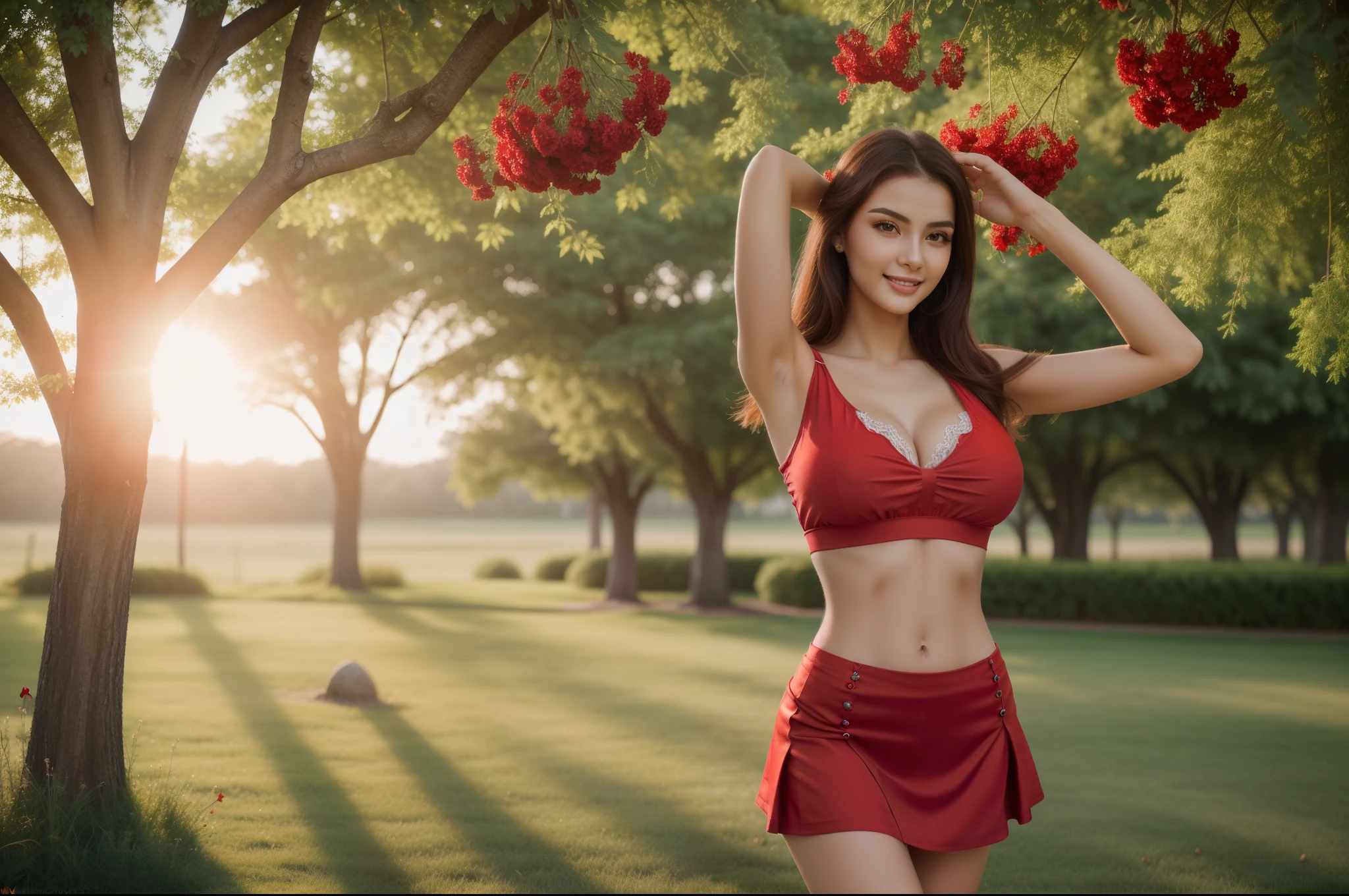 (best quality,4k,8k,highres,masterpiece:1.2),ultra-detailed,(realistic,photorealistic,photo-realistic:1.37),A beautiful girl alone is having a photo session in the frontyard of a red house,(((1girl))),(18years old),[the face is combination of (((irene1:1.2))) and (((Excella_er5:1.2)))],beautiful detailed eyes,beautiful detailed lips,extremely detailed eyes and face,long eyelashes,gorgeous girl,feminine charm,pearl skin,(skin pores:1.1),extremely detailed face and skin texture,(skin texture:1.1),black hair,soft and smooth hair,tall and slender body,(192cm tall),thin and delicate figure,graceful posture,strong and defined muscles,flawless skin,defined abs,perfect curves,feminine appearance,beautiful long legs,embodying elegance and beauty,happy expression,full-smile,seductive eyes and sensual lips,(large breasts,cleavage breasts),(wearing a (red:1.4) tank-top:1.4),((ultra-short (red:1.4) miniskirt:1.4)),smiling,confident,stylish,outdoor,long,natural sunlight,green grass,flowers blooming,white picket fence,vibrant colors,professional photographer,camera,posing gracefully,striking a pose,natural and candid shots,breathtaking expressions,lovely facial features,fashionable accessories,classy and elegant,storybook atmosphere,magical and enchanting,ethereal and dreamlike,whimsical lighting,sun rays peeking through the trees,fluttering butterflies,harmony between nature and beauty.
