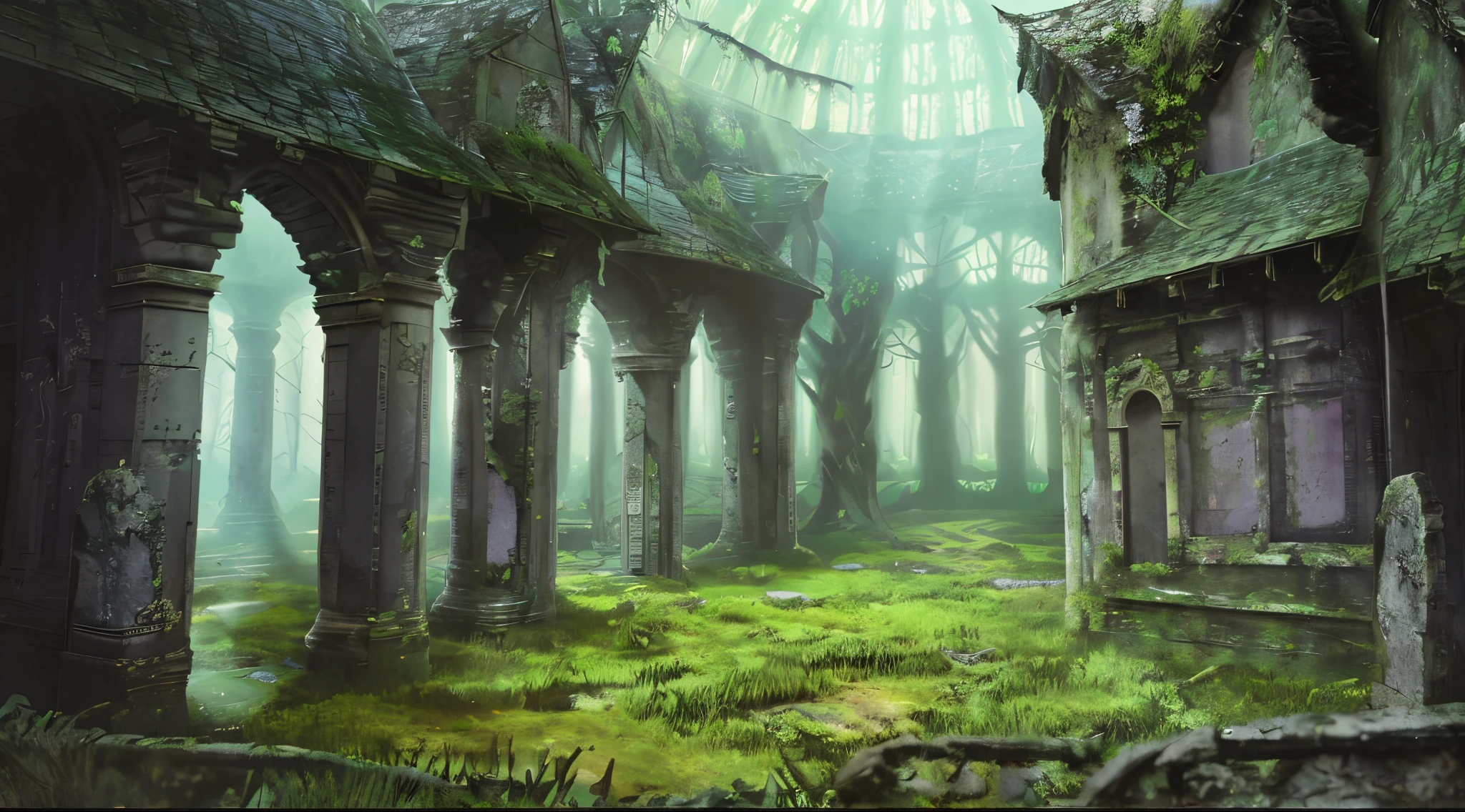 Stone architectural drawings，A tree grows on it, secret overgrown temple, ancient magical overgrown ruins, ancient ruins in the forest, ancient overgrown ruins, ancient overgrown! 废墟, entrance to ethereal realm, mysterious temple setting, entrance to an ancient dungeon, background depicting a temple, overgrown ruins, background is the ruins