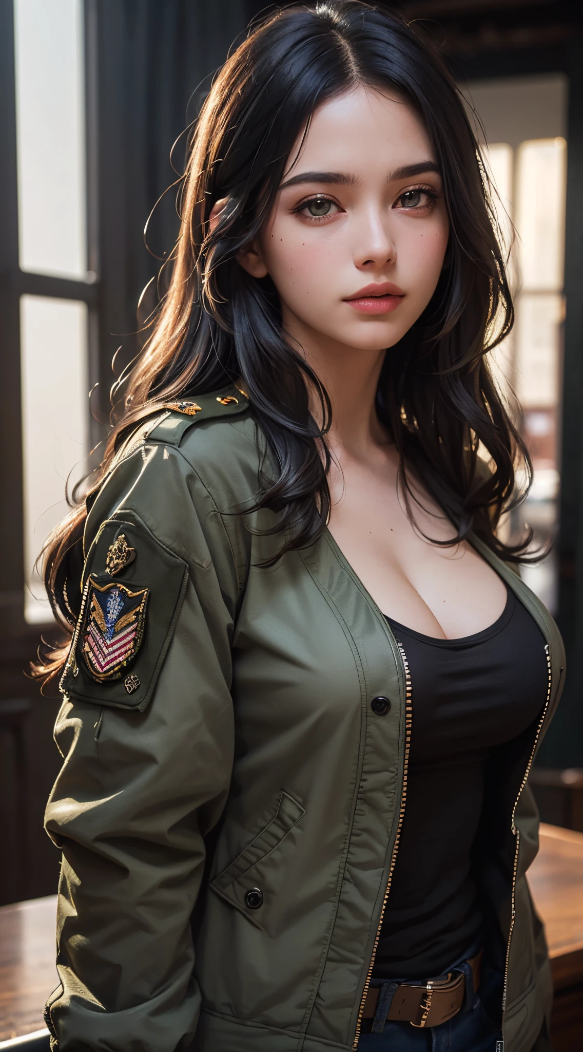 (best quality, 4k, 8k, high-res, masterpiece:1.2), ultra-detailed, (realistic, photorealistic, photo-realistic:1.37), (beautiful detailed eyes, beautiful detailed lips, extremely detailed eyes and face), studio lighting, physically-based rendering, vivid colors, (big tits, super big tits, super extra big tits, glamorous body), (military jacket:1.5), (tank top), (portrait, long black straight hair, shiny hair, shiny skin), (blurred background), (tilt your head to the side:1.5), (frontlight),