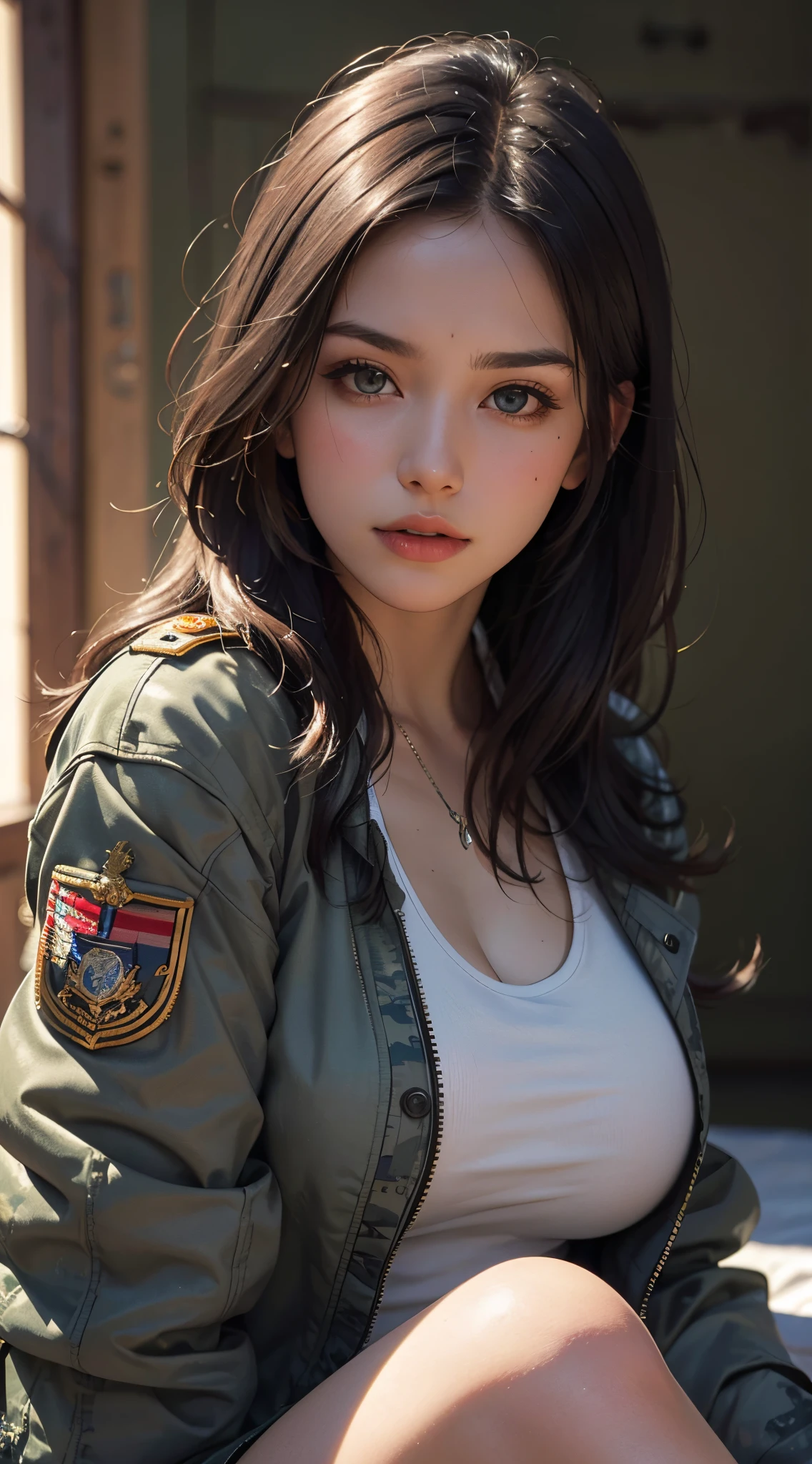 (best quality, 4k, 8k, high-res, masterpiece:1.2), ultra-detailed, (realistic, photorealistic, photo-realistic:1.37), (beautiful detailed eyes, beautiful detailed lips, extremely detailed eyes and face), studio lighting, physically-based rendering, vivid colors, (big tits, super big tits, super extra big tits, glamorous body), (military jacket:1.5), (black tank top:1.2), (portrait, long black straight hair, shiny hair, shiny skin), (blurred background), (tilt your head to the side:1.5),