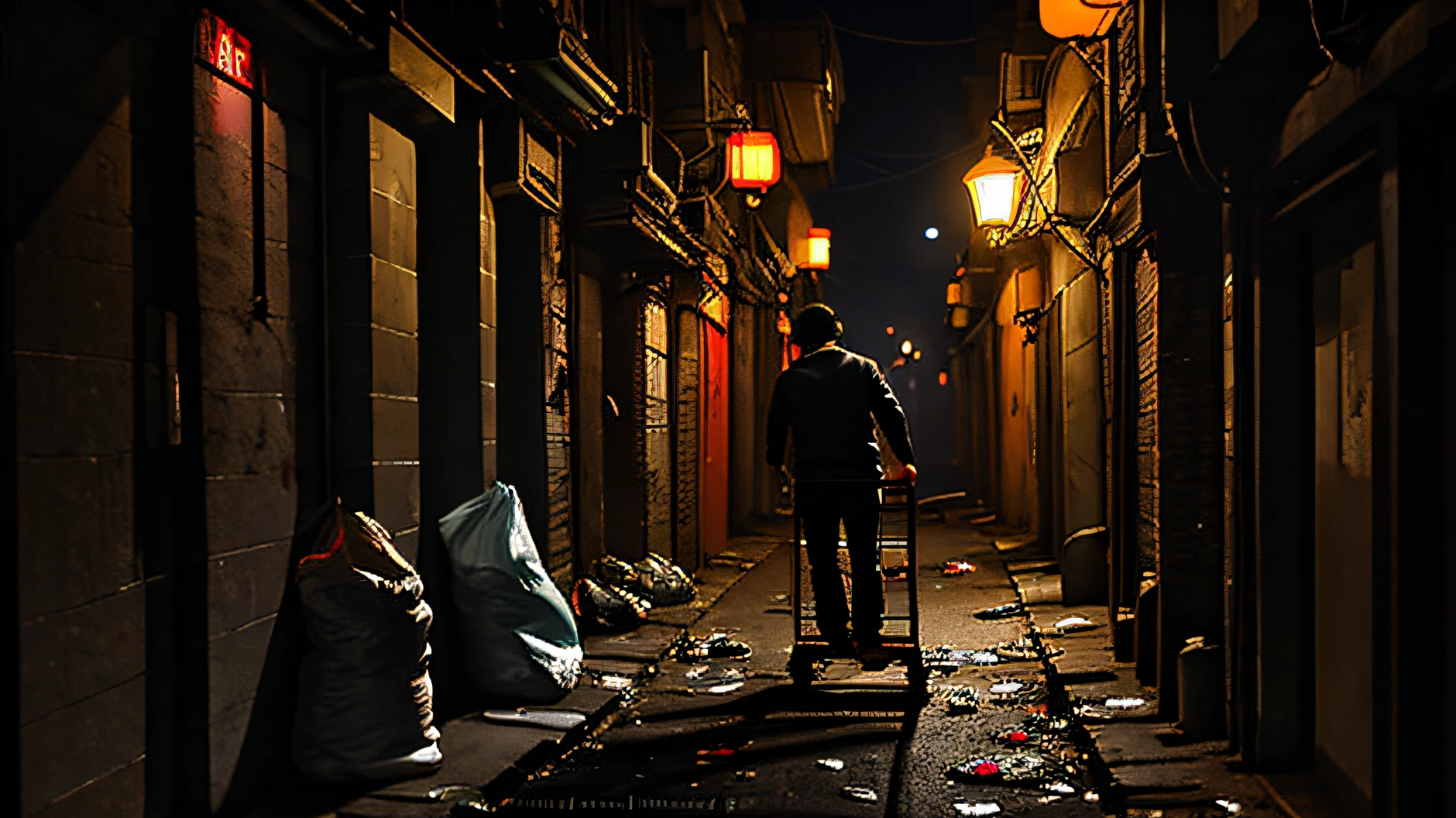 Arav pushes a trolley full of garbage down a narrow alley, Clean street, In an alley, Dirty streets, In a narrow Chinese alley, Cinematic. author：leng jun, In a dark alley, Back alley, Busy nights, alley, nighttime photography, low light photography, author：Zou Zhe, gritty feel