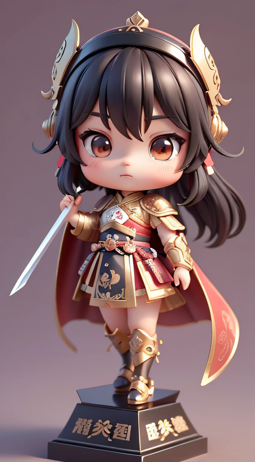 Each features tons of detail and 8K resolution. All dolls should follow the same solid color background pattern and be complete within the image, Cute baby chibi anime、(((chibi 3d))) (Best quality at best), tmasterpiece、top-quality、ultra - detailed、 3D, 2 year old girl，Big head doll。（（Red cape）），Nendoroid 3D, zhao yun, guan yu, Big-headed figures。Cute little girl in red shrimp armor。Cute expressions。（Shrimp head red helmet），The two sides of the top are decorated with two raised shrimp eyes. The top of the head is decorated with two long shrimp tentacles.。dressed in samurai armour。（The other hand holds a sword，There are many on the sword，Blind shape details）。The instrument shimmers with a metallic sheen.。Play defensive martial arts poses。Chinese Kung Fu styling。The action is dashing。Realistic characters。The hand is 5 fingers。The correct gesture to hold the weapon