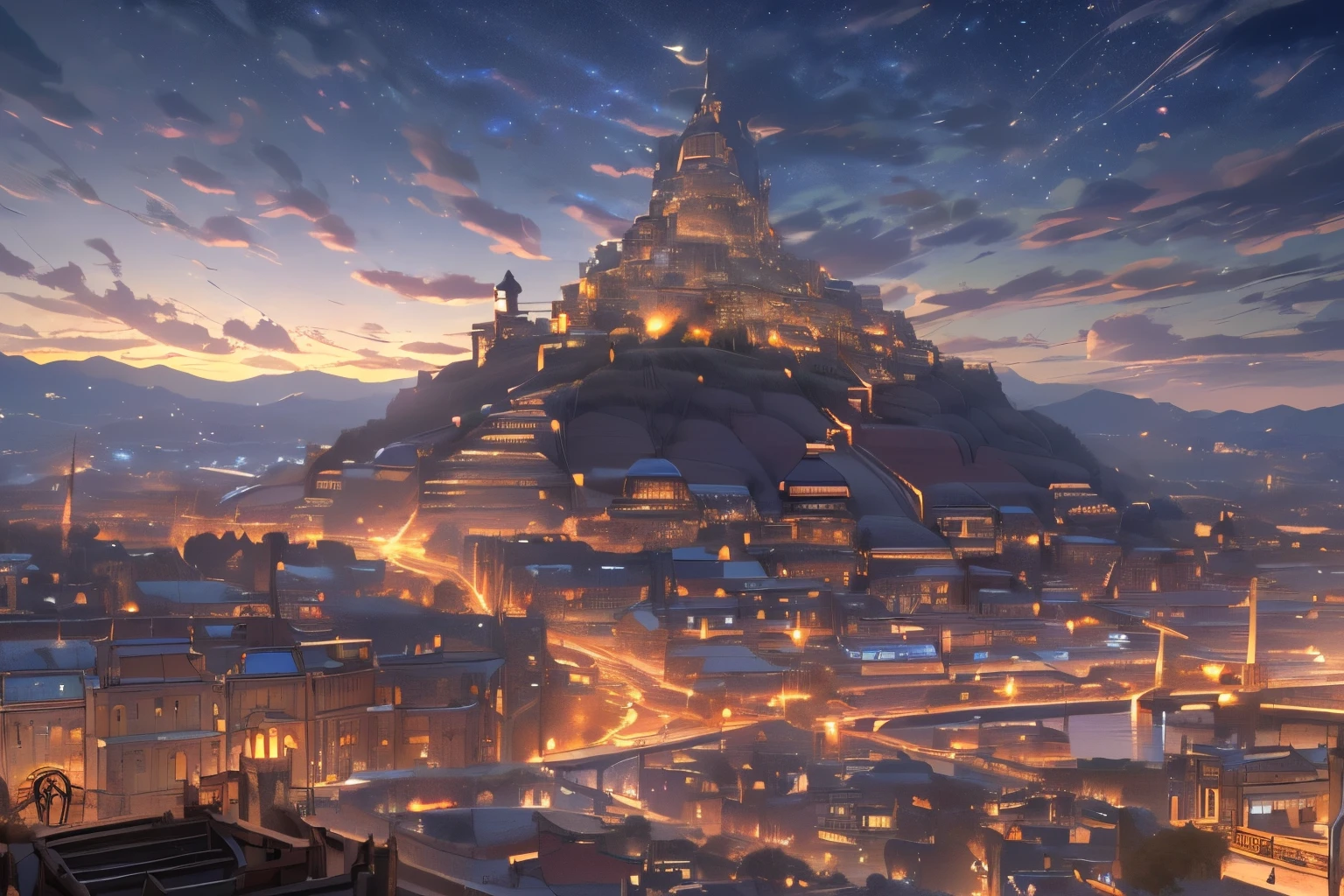 (best quality,4k,8k,highres,masterpiece:1.2),ultra-detailed,(realistic,photorealistic,photo-realistic:1.37),PIXIV,Night scene,scenery,sky,cloud,no humans,night,star (sky),outdoors,tower,building,fantasy,starry sky,night sky,water,cloudy sky,city