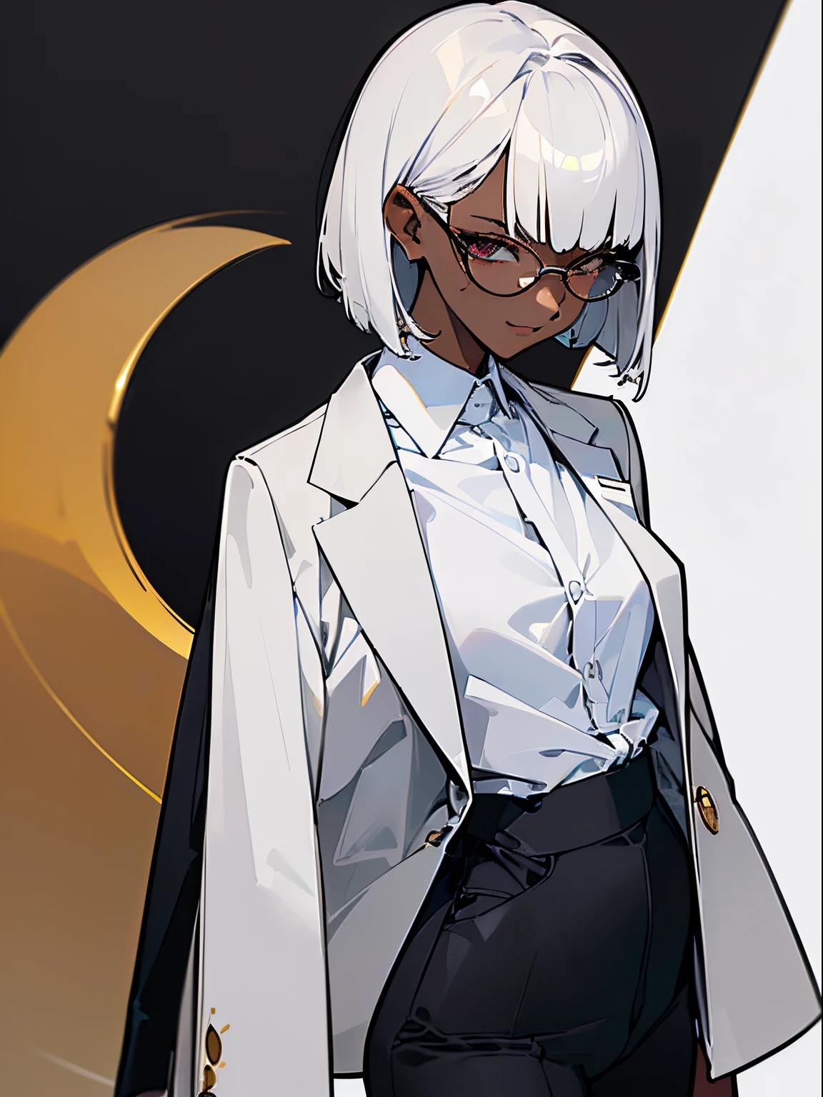 (top-quality、masterpiece:1.2) 1womanl、Adults、((dark skinned female、long white short hair、Hair hanging over the ears)) golden eye、eye glasses、((Business suits、Black tailored jacket、white shirt、Black pantsuit)) (office backdrop) (Vicious look、Vulgar smile)