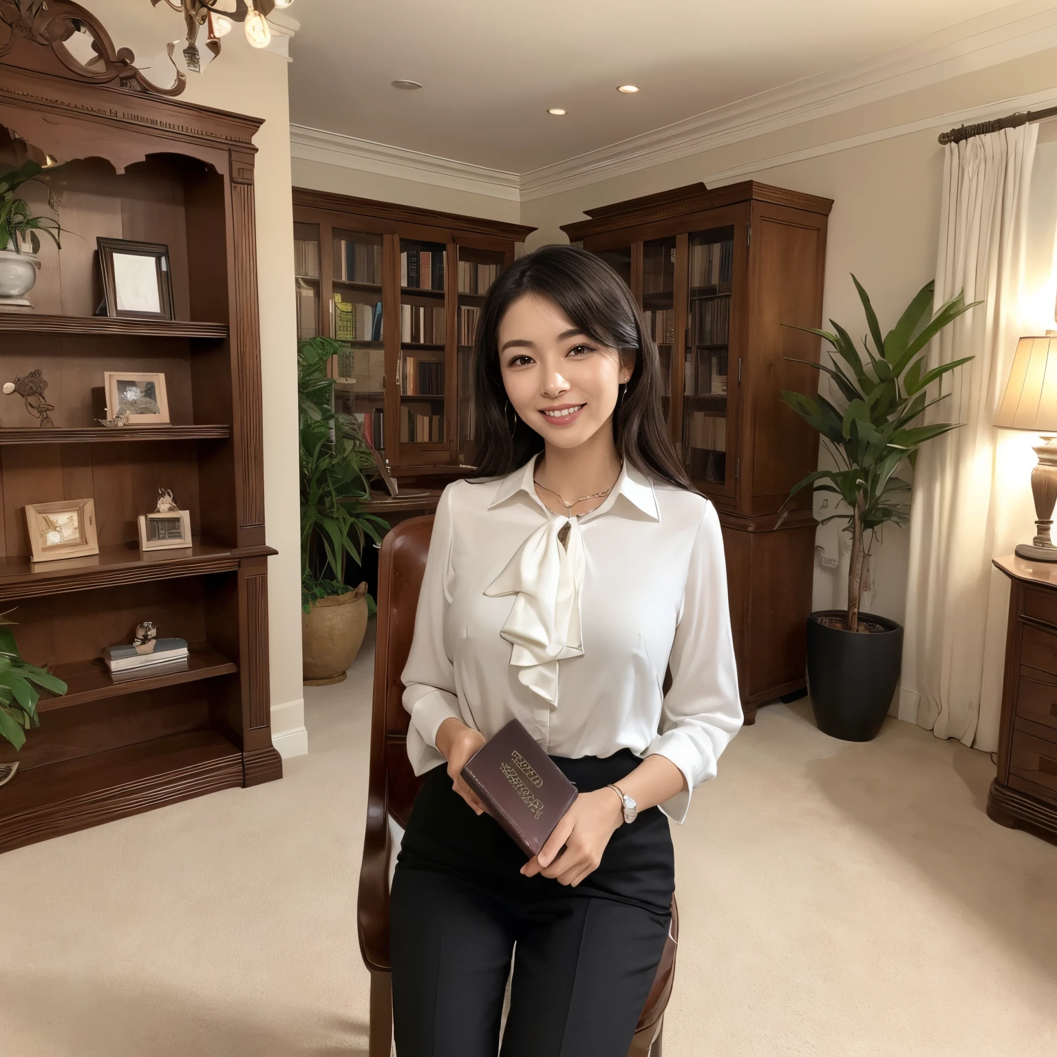 ((top-quality、masutepiece、8K、Top image quality))、((女性1人))、she is in the office、Photo from the waist of a woman、cowboy shot、chignon、Formal blouse、formal pants、chief executive officer's room、president’s office、Take a photo from the waist up、Upper body photo、(classy desk、luxury leather chair、Large bookshelf、1 houseplant、Quality interior、Stylish lighting、gotik、top grade、solemnity、moderno、antique interior、brown calm office、Elegant and calm atmosphere、The floor is a luxurious carpet、Clean and refreshing atmosphere、Stylish lighting、warm and elegant lighting)、perfect anatomia、He looked at me with a big smile on his face、Beautiful teeth、perfect anatomia