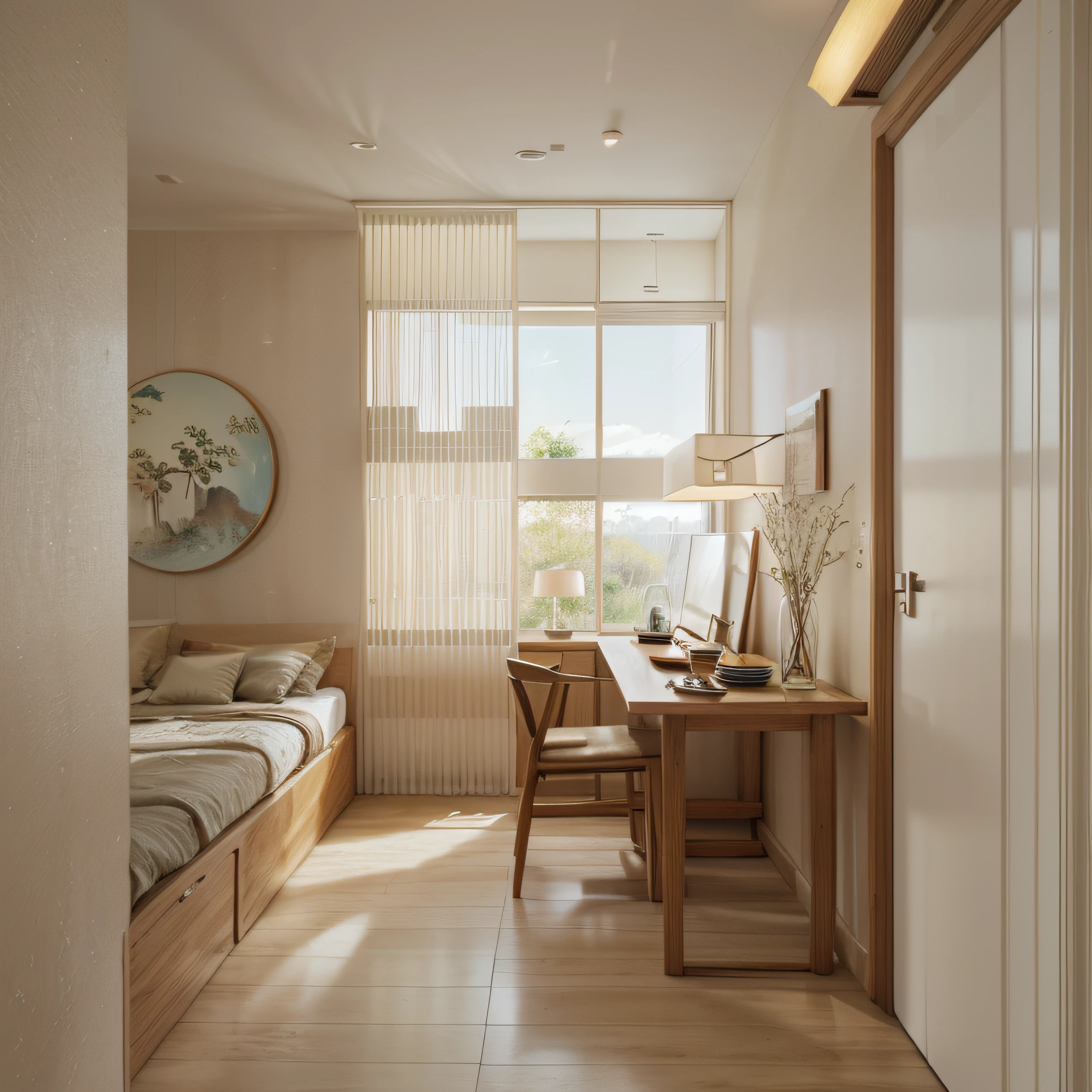 Japandi style combines the traditional elements of Japan with the simple, minimalist beauty of Scandinavian design. It is a distinct interior design style characterized by the delicate fusion of warmth from natural wood tones and the elegance and tranquility of traditional patterns. Warm wood tones: Using natural woods like oak, walnut, or maple establishes the foundation for the space. Sofas, dining tables, coffee tables, and other furniture often feature natural wood grains, creating a sense of warmth and coziness. White paper doors: Opting for white doors made of traditional Japanese paper material, such as shoji screens, serves as a focal point and allows natural light to filter through, creating a bright and minimalist space. Bright LED lights: Employing LED lights with warm and gentle illumination, whether in yellow or warm white tones. Ceiling lights, table lamps, and floor lamps are designed with simplicity while maintaining aesthetic appeal. Sakura and Mount Fuji landscape paintings: Paintings depicting cherry blossoms (sakura) or Mount Fuji are hung on walls or placed on shelves for visual emphasis. These images showcase the natural beauty and refinement of Japan's nature. Bonsai paintings: Bonsai is not just a type of plant but also an art form. Bonsai images in paintings add an intriguing and unique touch to the space, whether placed on tables, shelves, or hung on walls. Decorative accessories: Incorporate accessories like cotton or linen throw pillows for sofas, decorative pillows with traditional Japanese patterns, room dividers, and ceramic decor such as bowls, plates, and tea sets with simple and traditional motifs. Minimalist furniture and decor design: Furniture designs typically feature simple, minimalist lines without overly intricate details. Emphasis is placed on the quality of materials used and meticulous craftsmanship in every detail.
