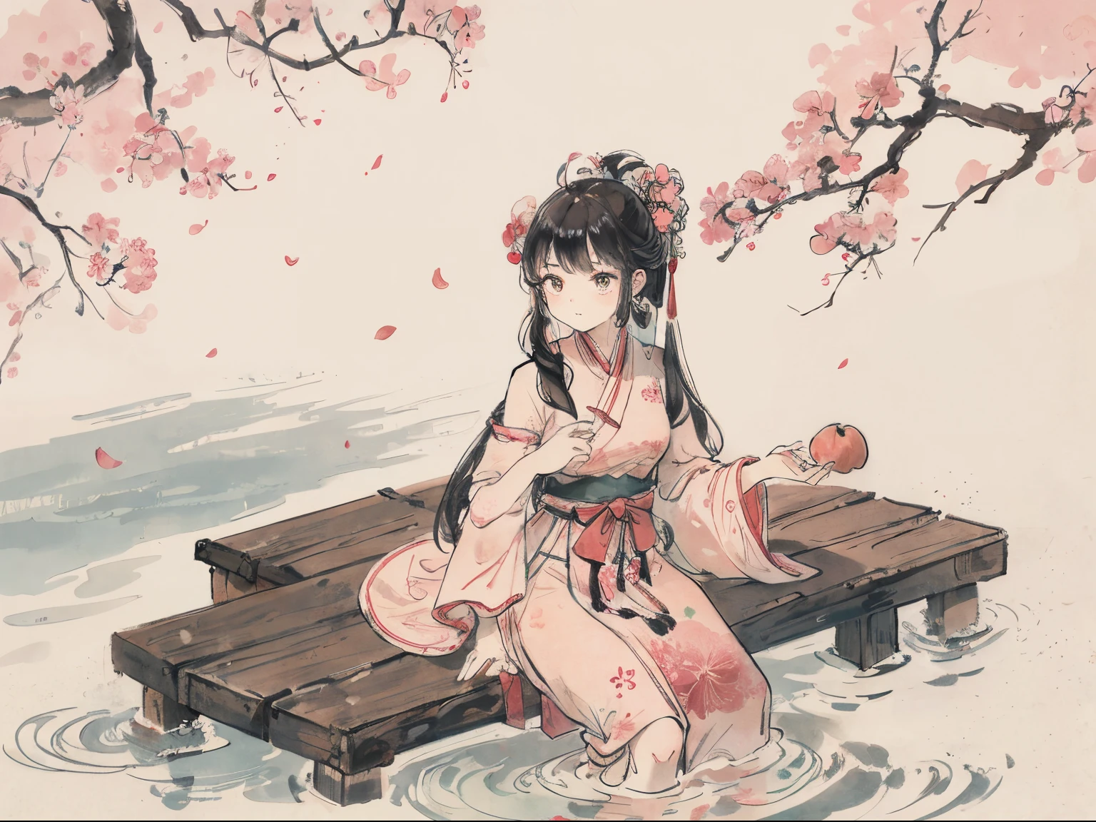 (tmasterpiece,Best quality:1.2),Tradition Chinese Ink Painting,A five-year-old girl sits under the peach blossom tree,Holding peach in hand ready to eat,Double ball head,Wear Hanfu,The barefoot,River side,Peach blossom tree,island,the ocean,